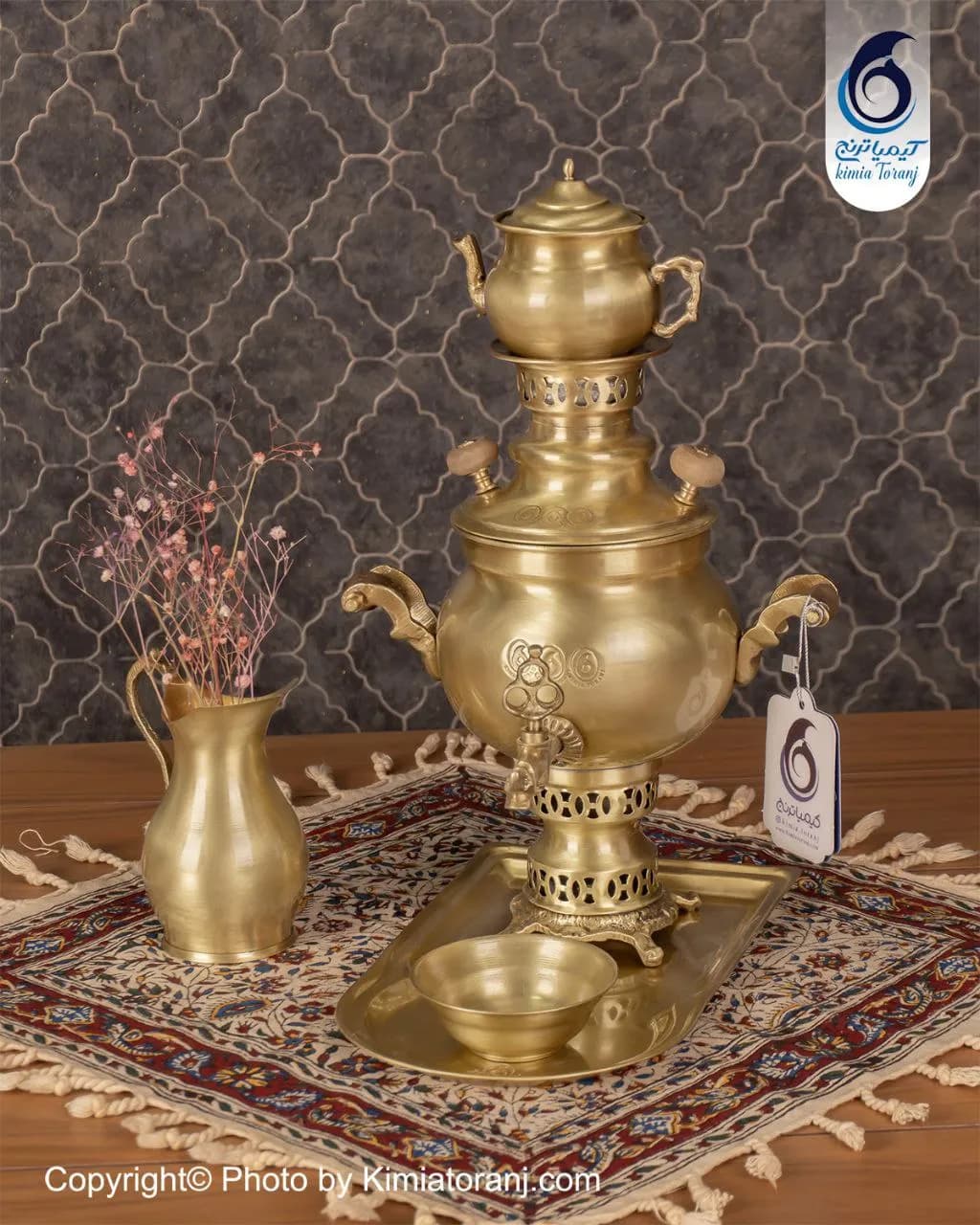 سرویس سماور زغالی ۱ لیتری توپی ساده برنجی