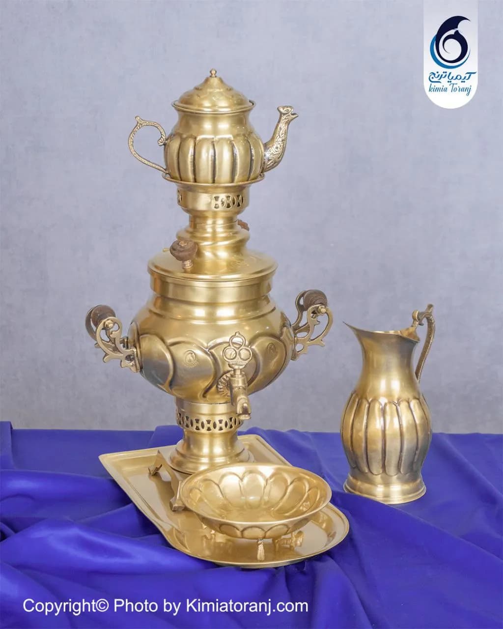 سرویس سماور زغالی ۲ لیتری عدسی خطی برنجی