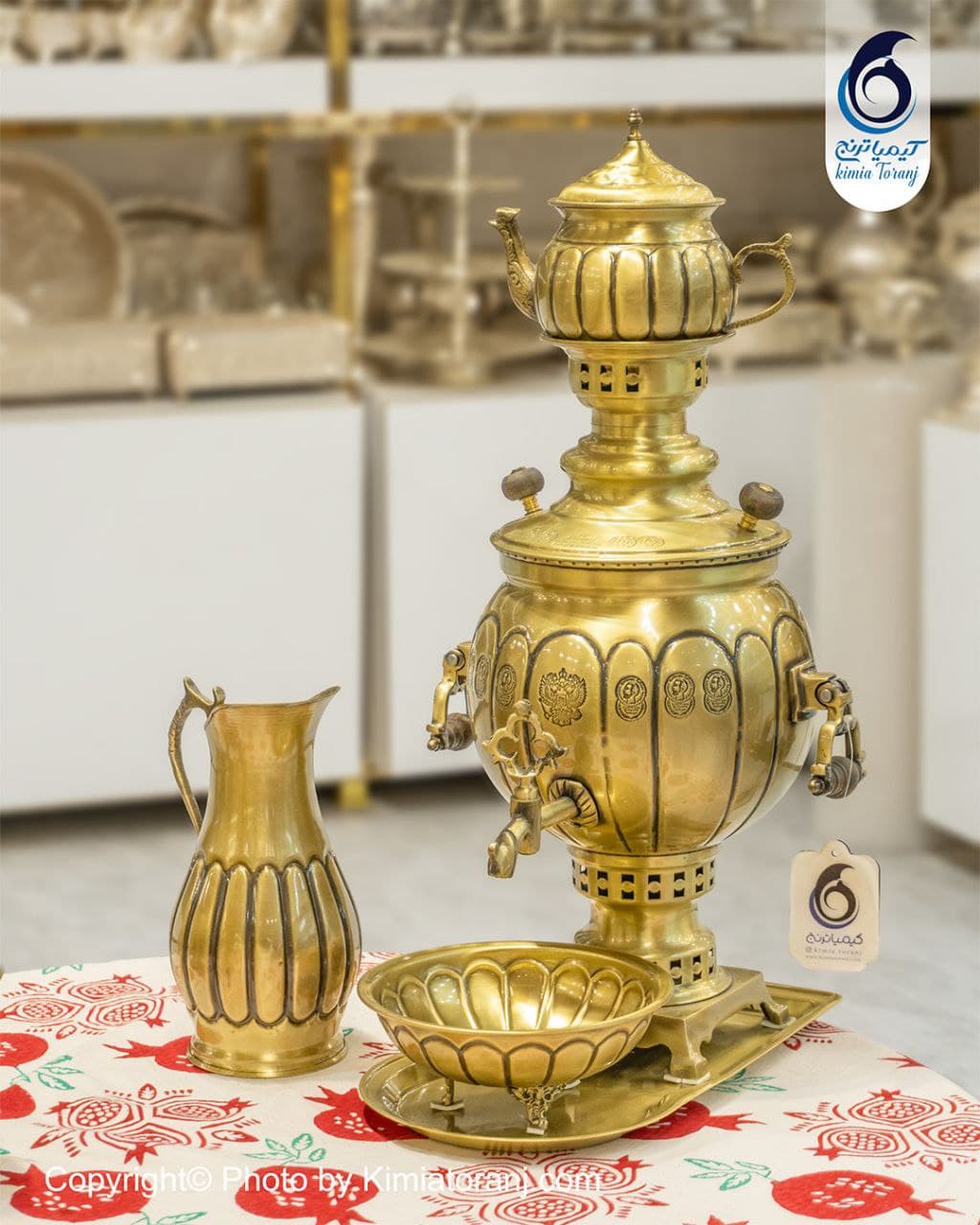سرویس سماور زغالی 4 لیتری توپی خطی دسته آویز برنجی ضخیم