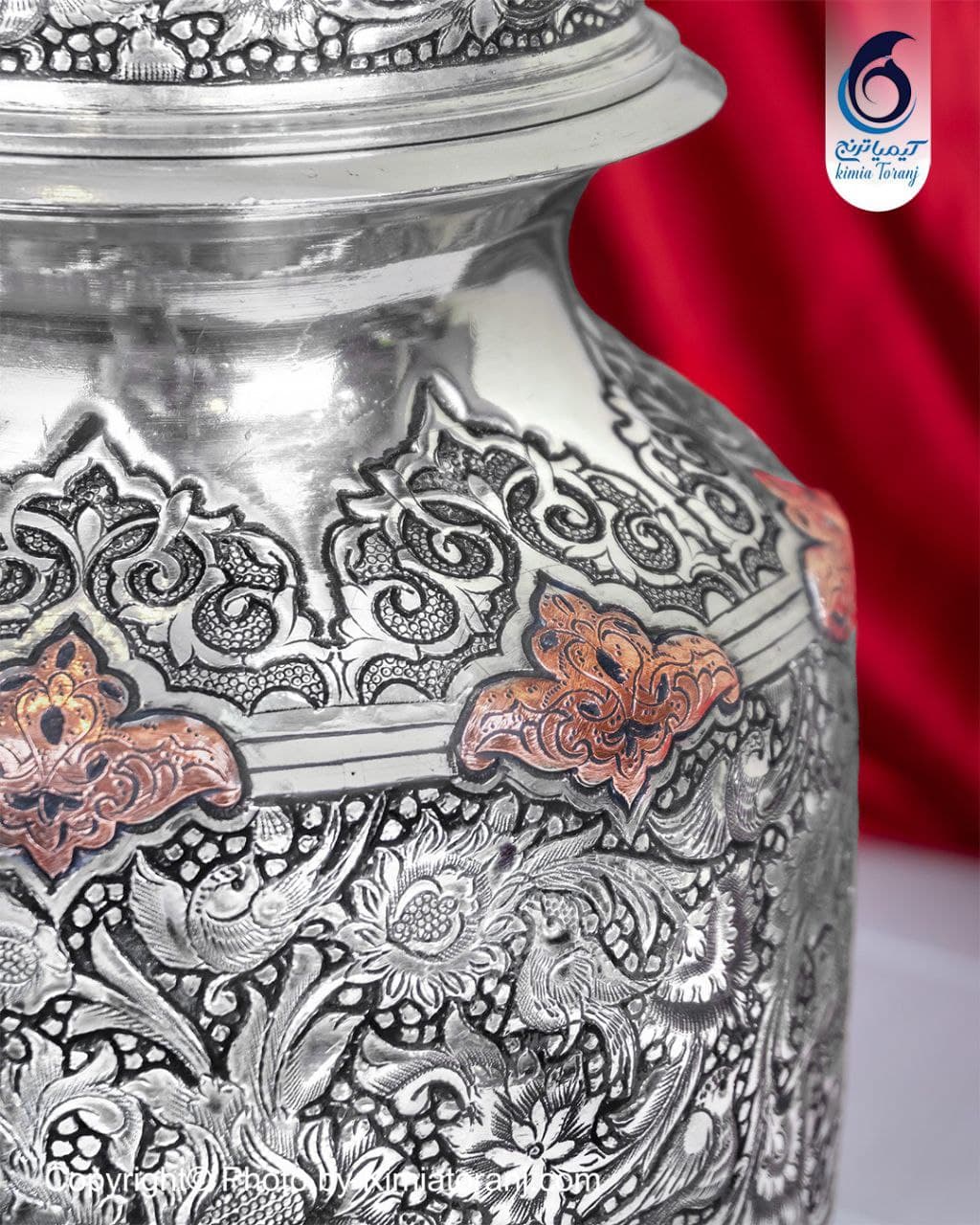 گز خوری قلم زنی تک پایه دو رنگ گل و مرغ و اسلیمی - 2