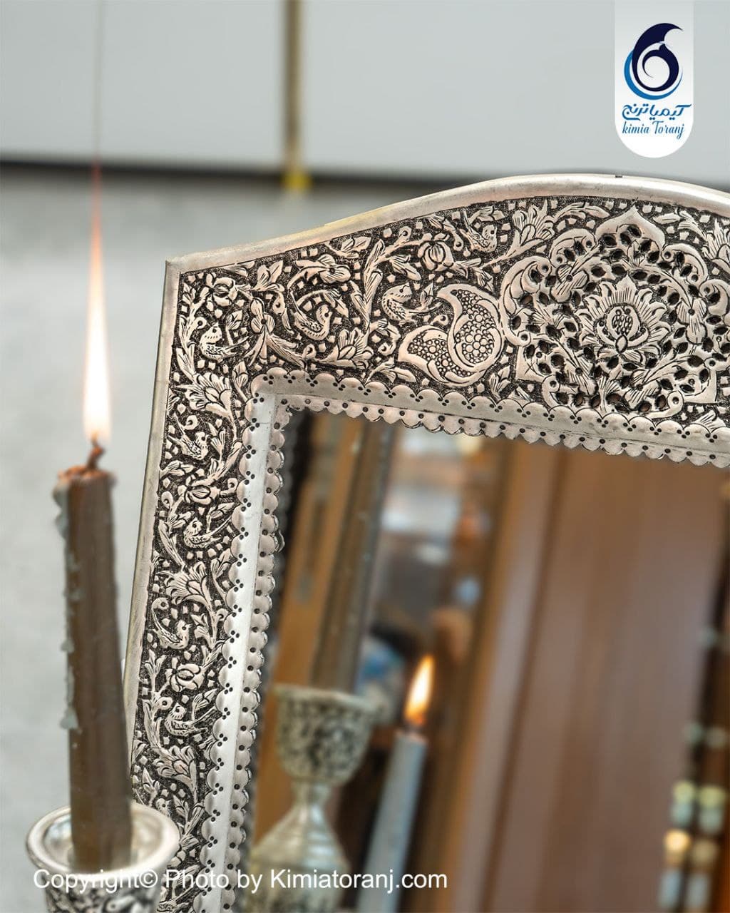 آینه شمعدان چهارگوش تاجدار 53 شبه نقره قلم گل و مرغ - 3
