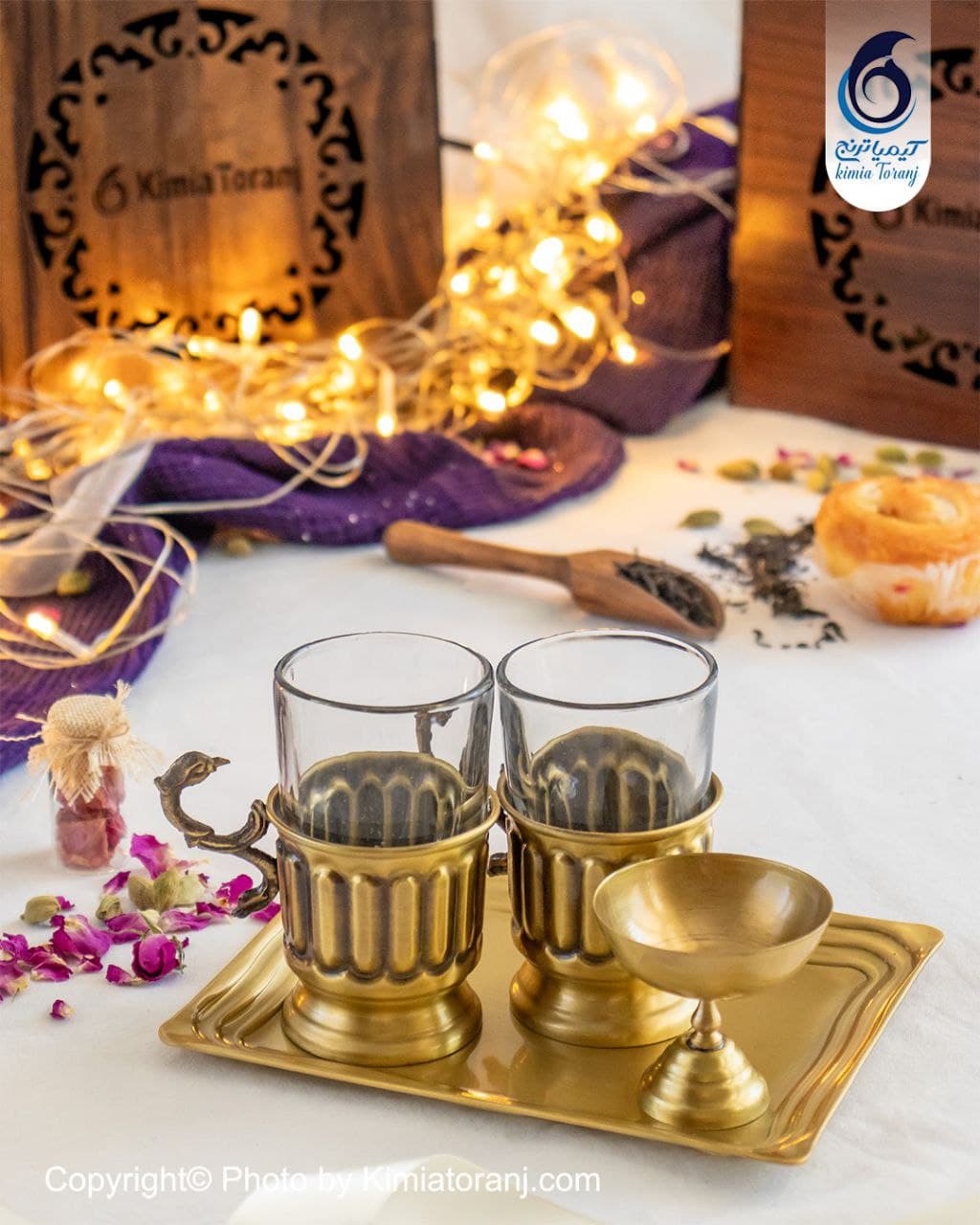 پک هدیه چوبی میرفنون چایخوری دونفره برنجی - 2