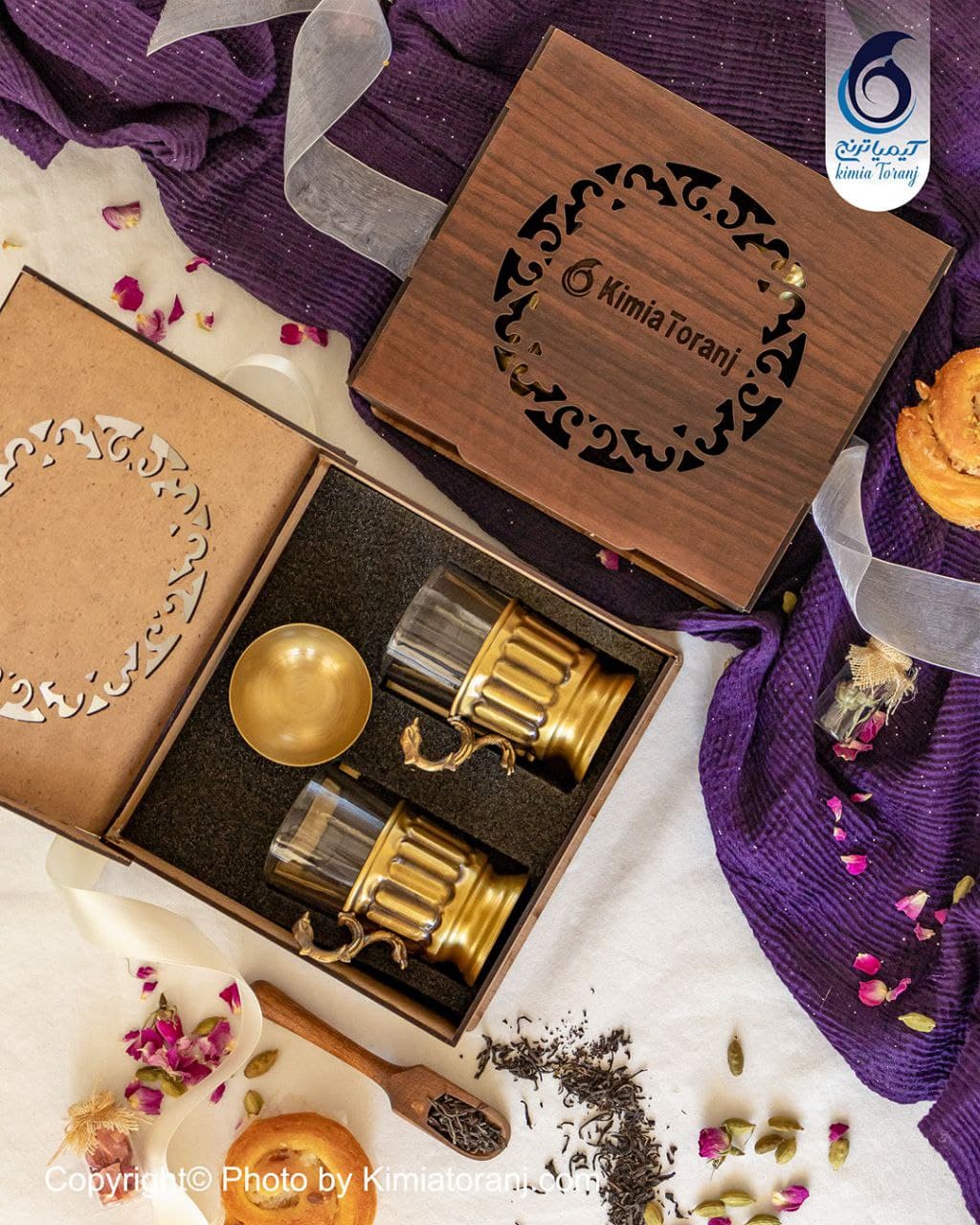 پک هدیه چوبی میرفنون چایخوری دونفره برنجی