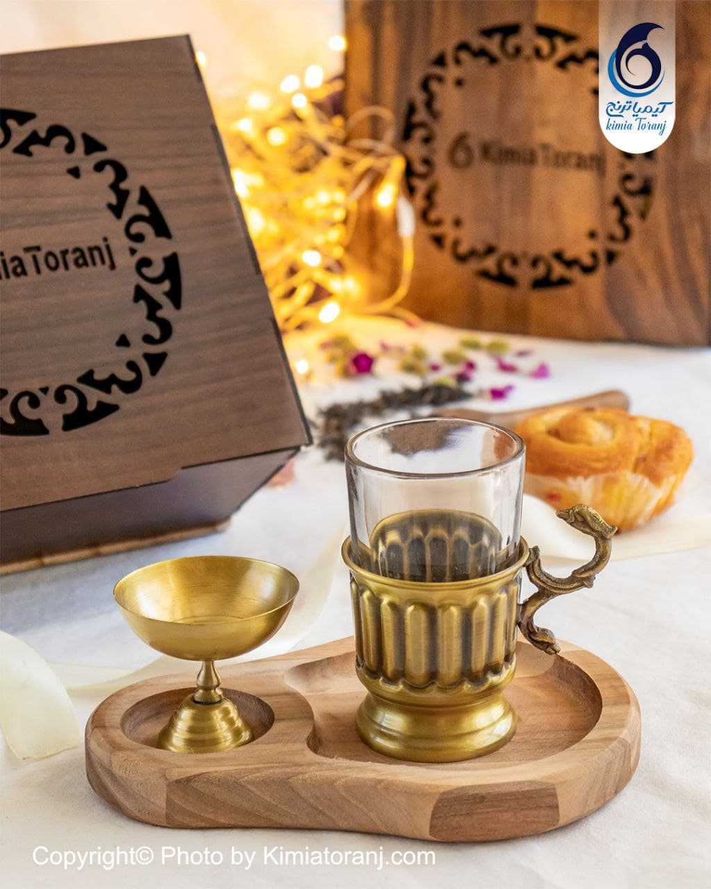 پک هدیه چوبی میرفنون چایخوری یکنفره برنجی