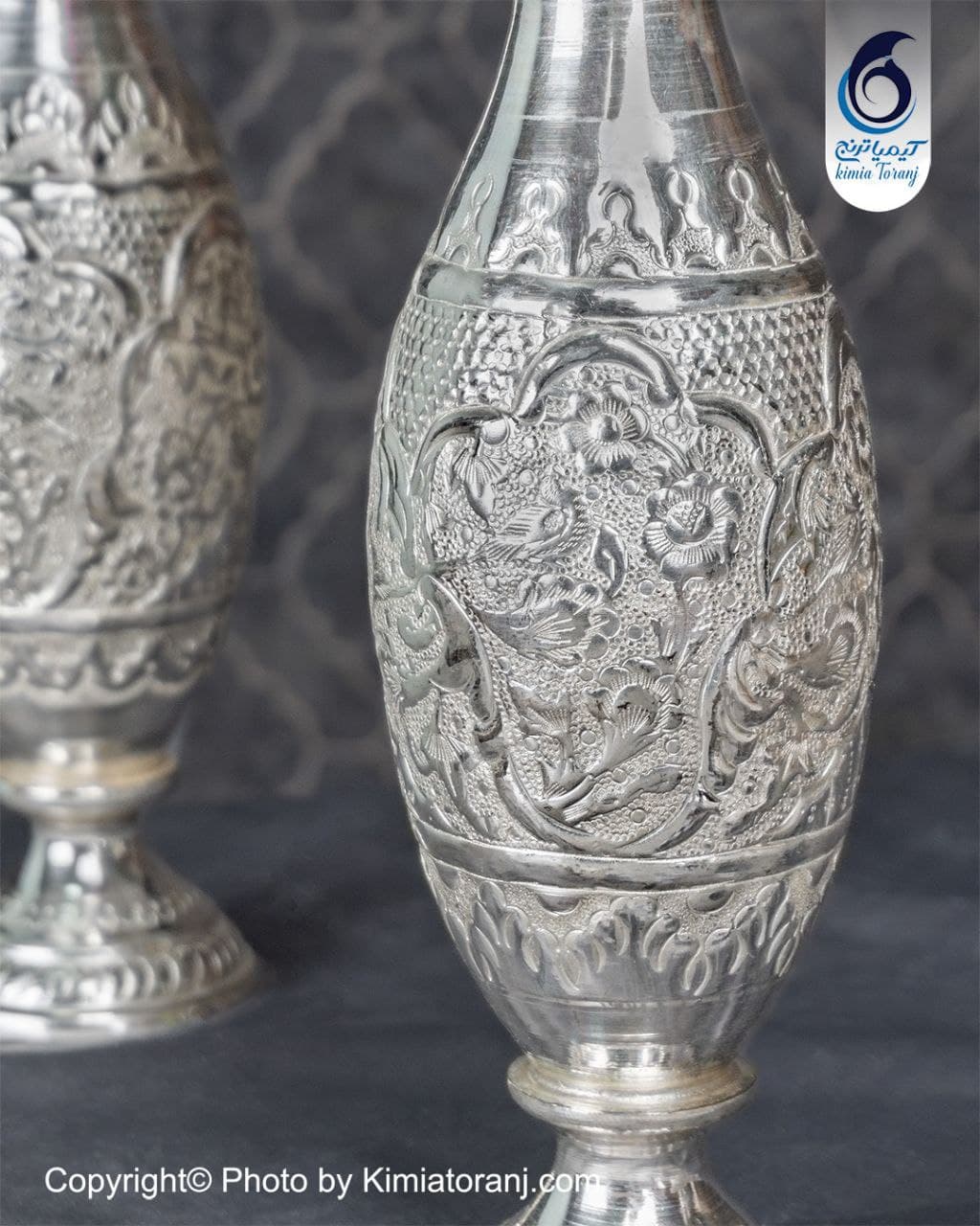گلدان موشکی شبه نقره سفید قلم گل و مرغ - 2