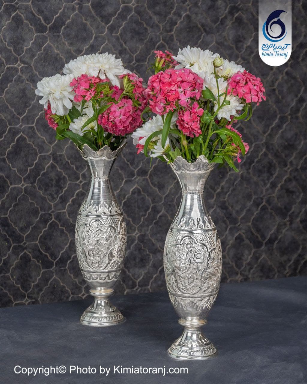 گلدان موشکی شبه نقره سفید قلم گل و مرغ