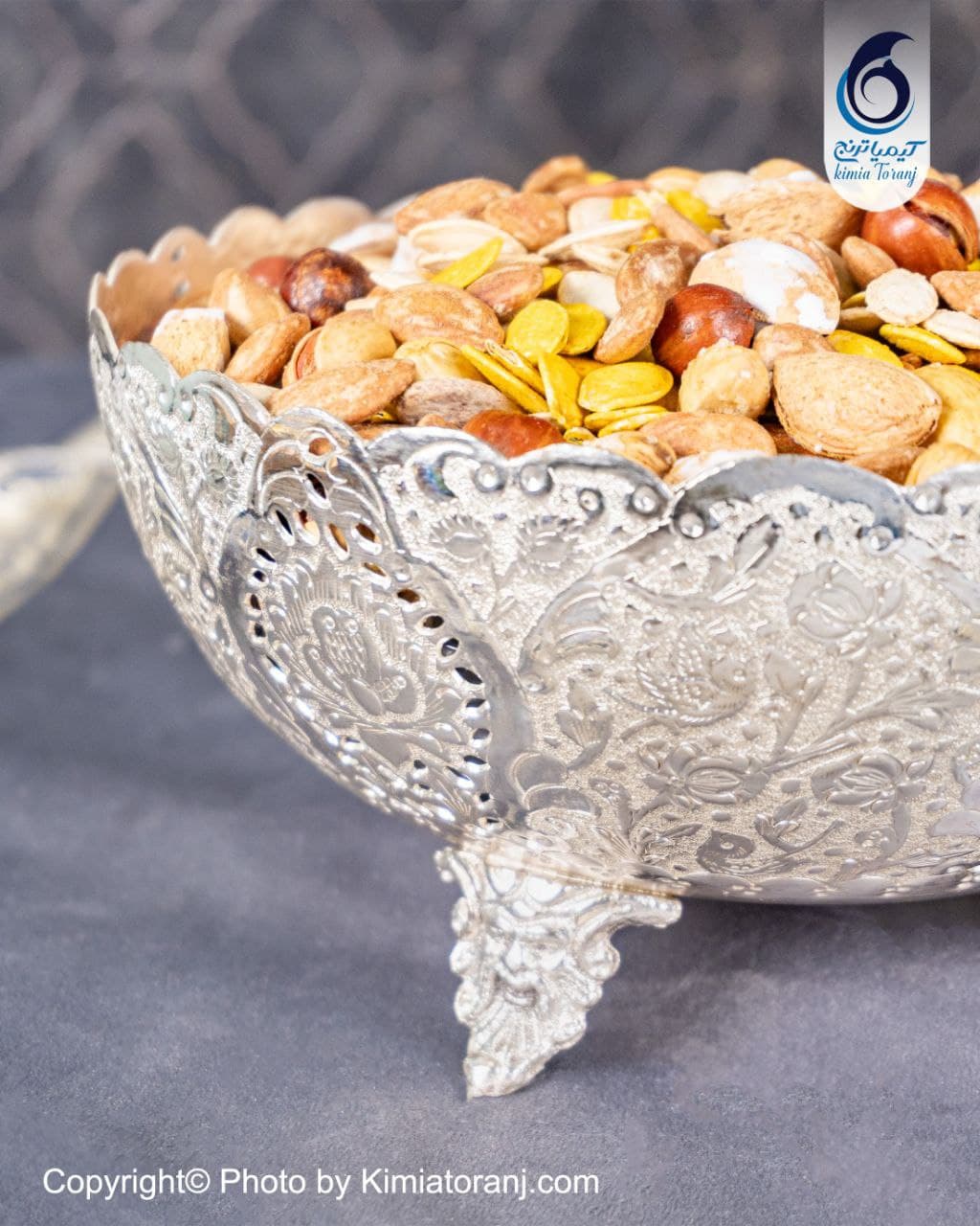 آجیل خوری شبه نقره سه پایه سفید قلم گل و مرغ - 3