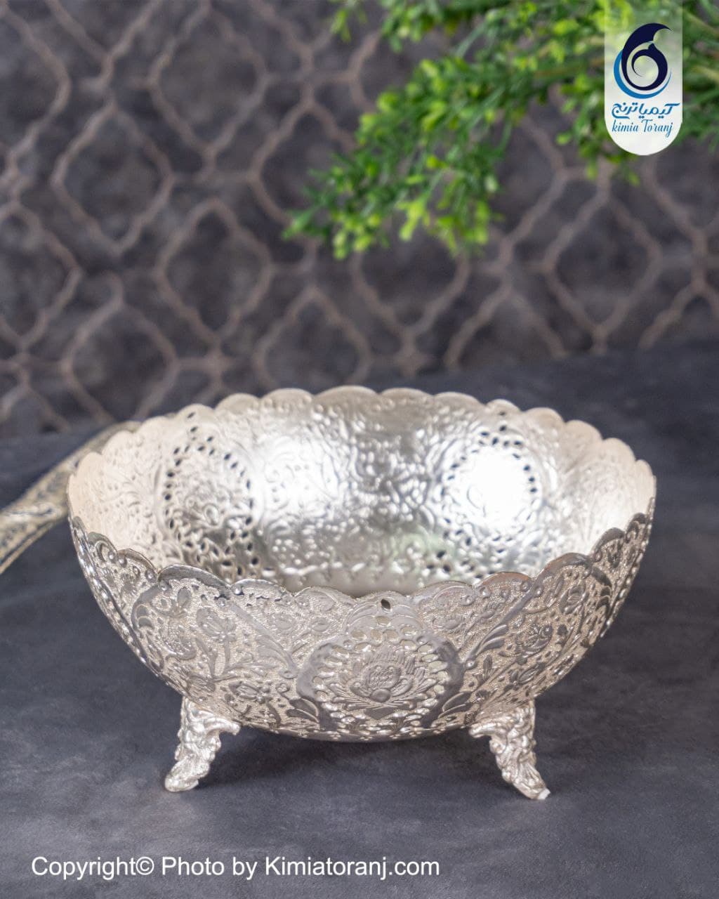 آجیل خوری شبه نقره سه پایه سفید قلم گل و مرغ - 4