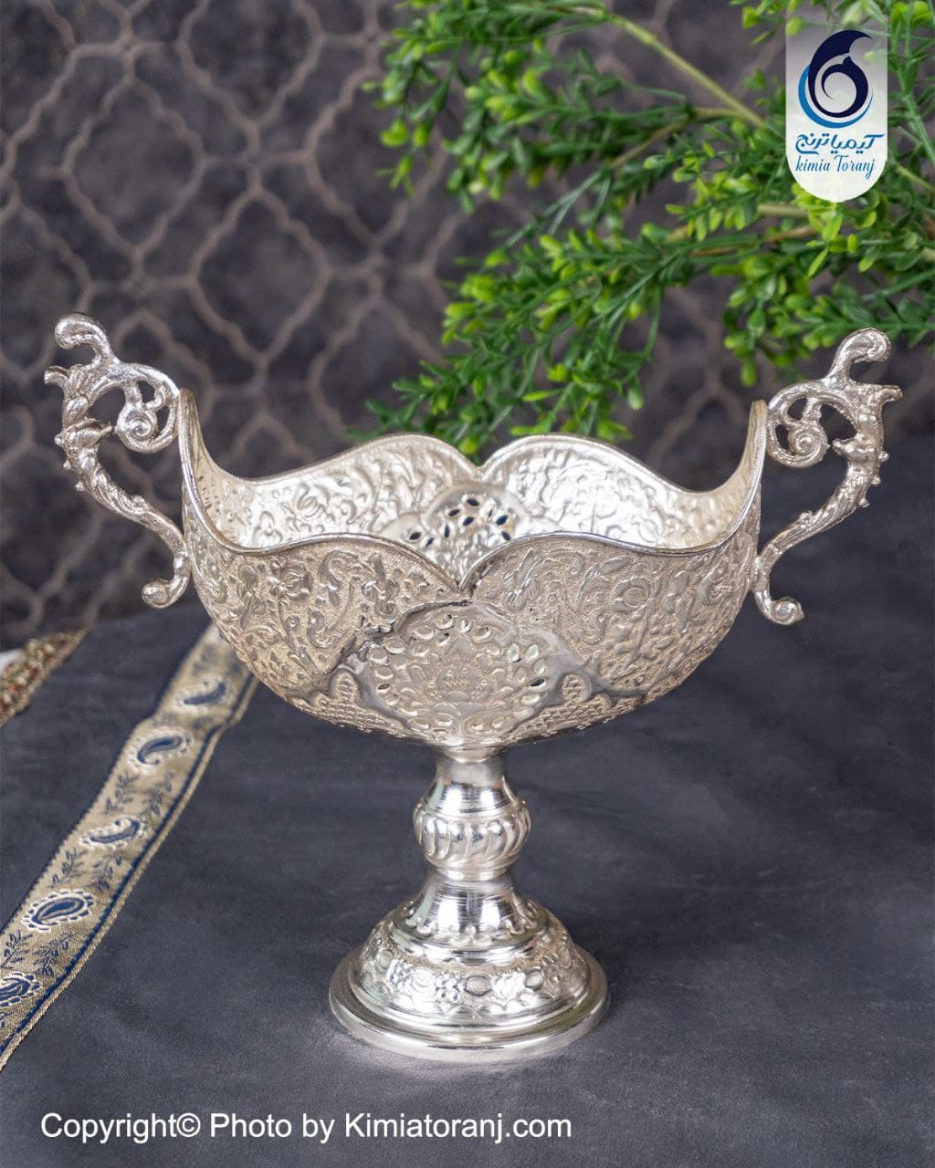 کشکول کوچک شبه نقره سفید تک پایه دسته دار قلم گل و مرغ - 4