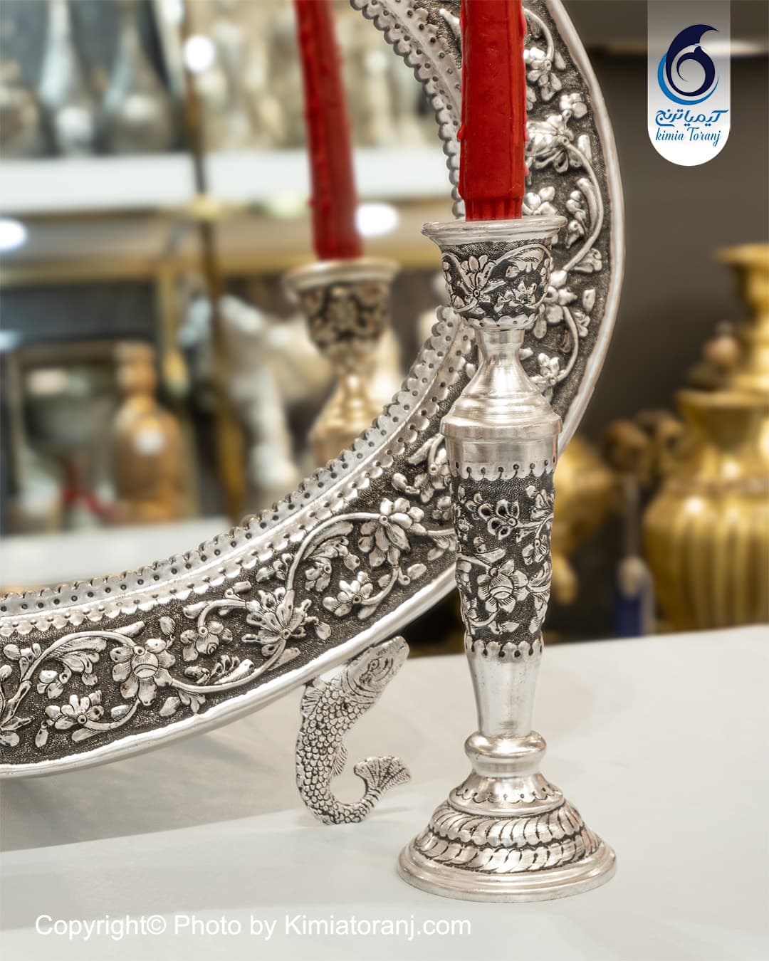 آینه شمعدان شبه نقره بیضی تاجدار مناسب جهیزیه و دکوراسیون ایرانی+