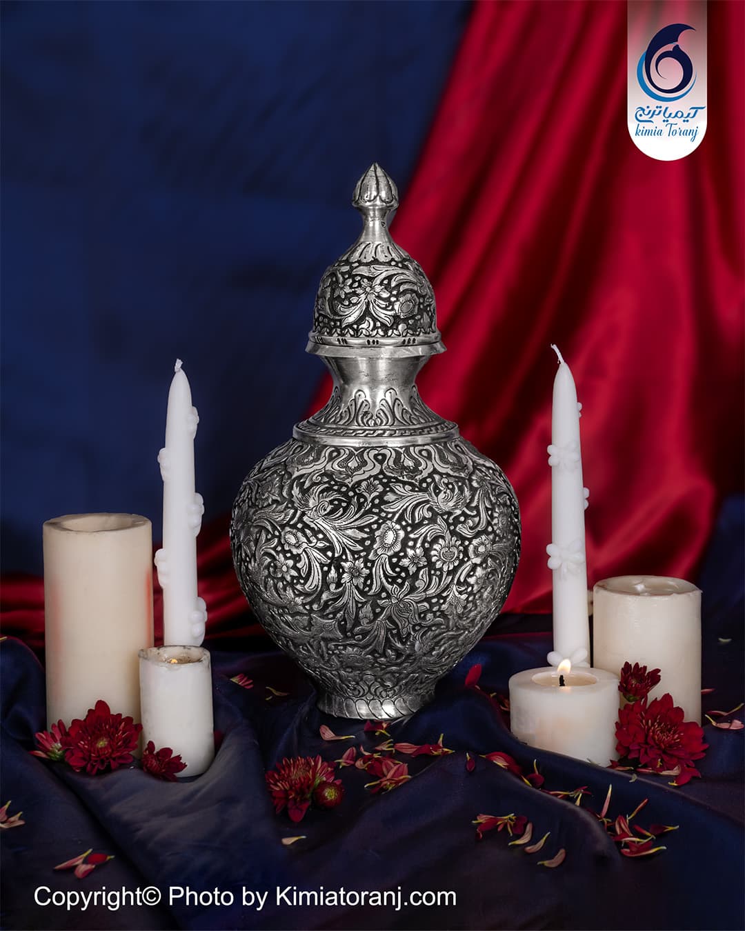 سنبلدان شکمی برنجی قلم گل و مرغ با روکش قلع و ارتفاع ۳۰ سانتی‌متر