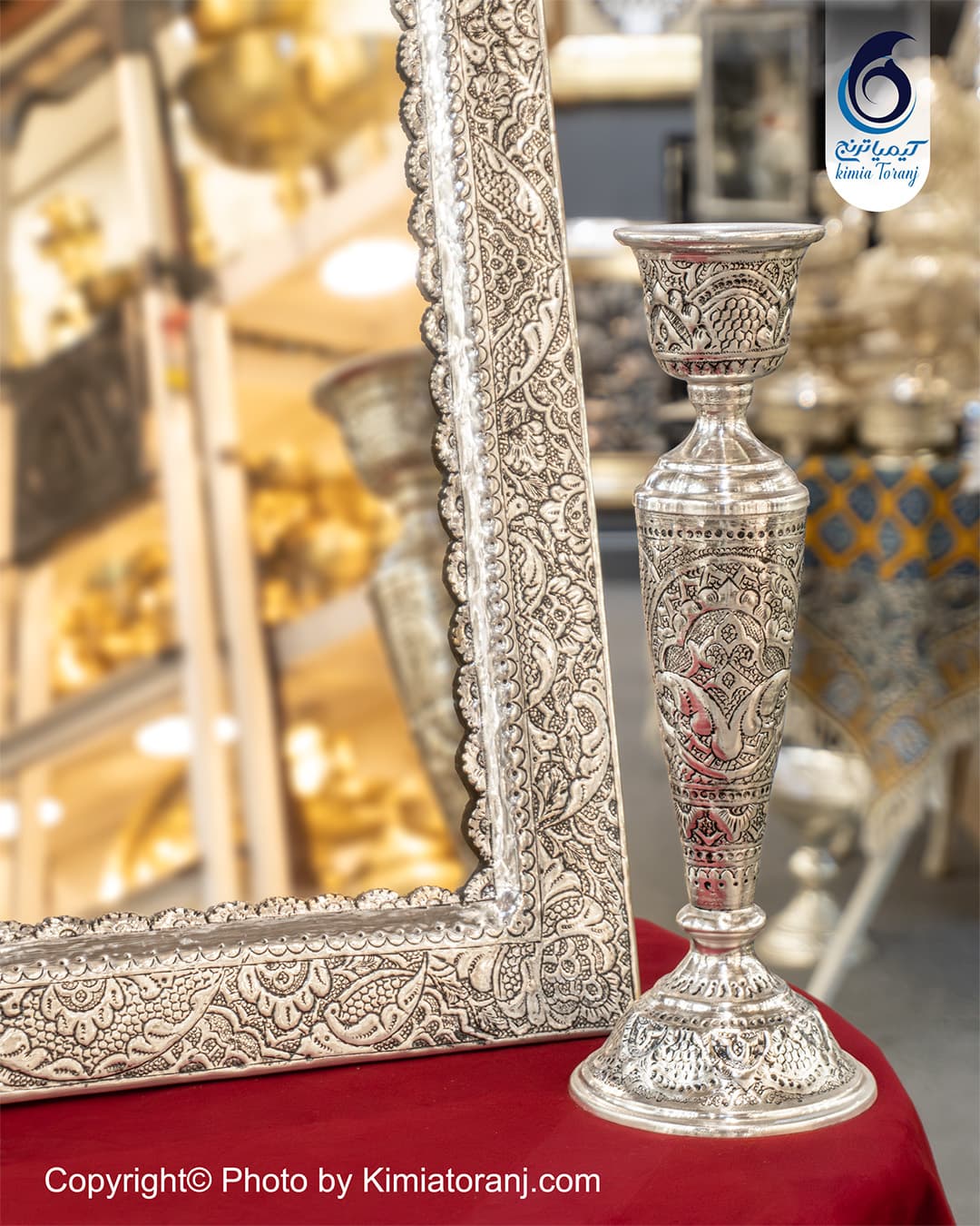 آینه و شمعدان چهارگوش تاج‌دار شبه نقره مناسب جهیزیه و دکوراسیون منزل