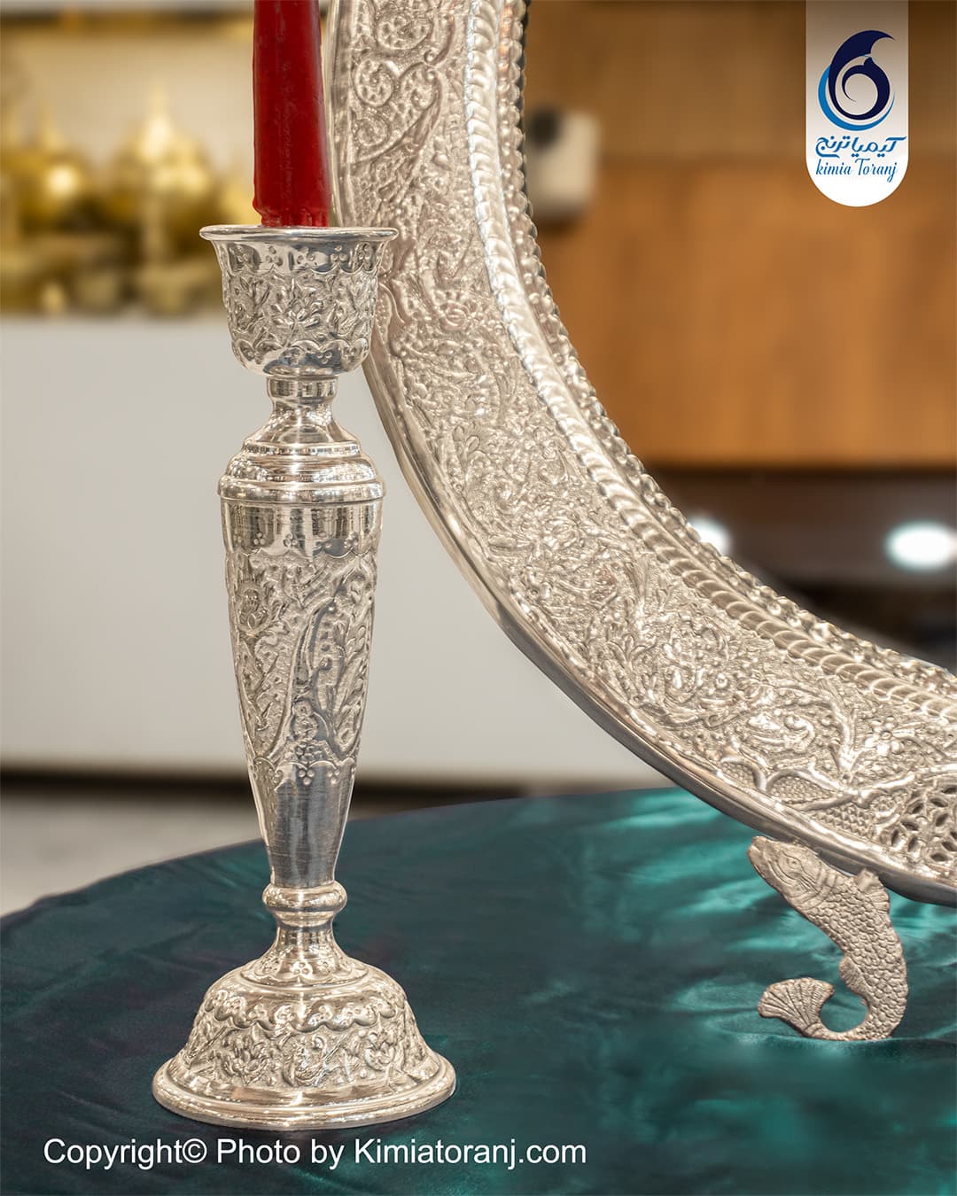 آینه شمعدان عروس گرد تاجدار شبه نقره مناسب سفره عقد و جهیزیه