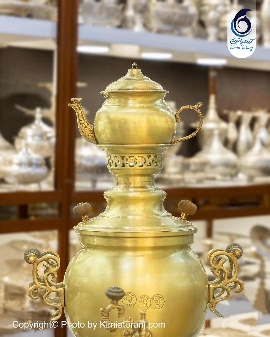 سرویس سماور زغالی 4 لیتری توپی ساده دسته توری برنجی ضخیم - 2