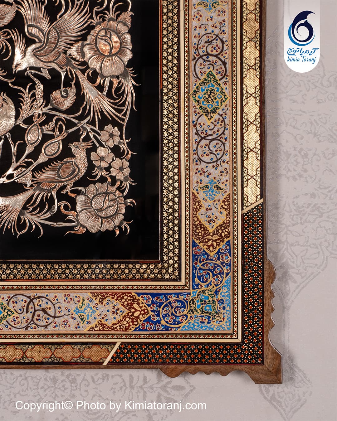تابلو خاتم تذهیب دوبل با پلاک قلمزنی گل و مرغ - 2