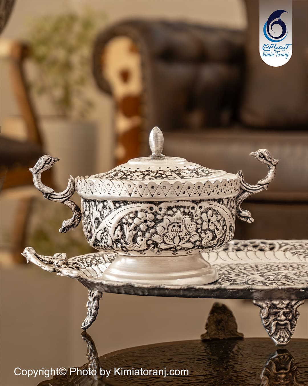 سرویس چایخوری ینفره شبه نقره قلم گل و مرغ - 3