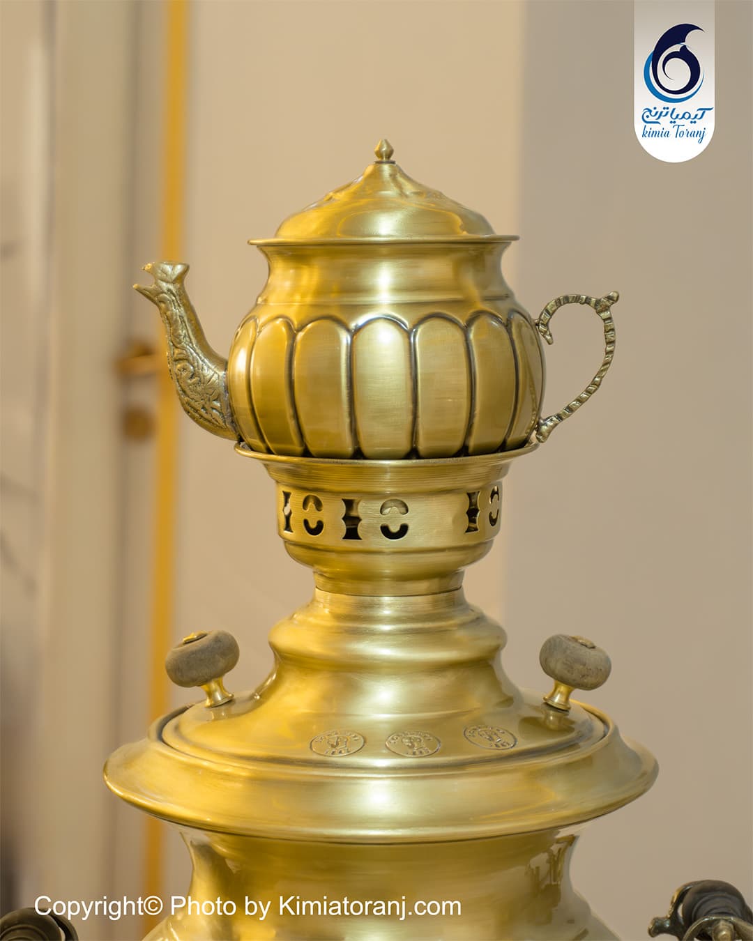 سرویس سماور زغالی 3/5 لیتری عدسی خطی دسته توری برنجی ضخیم - 2