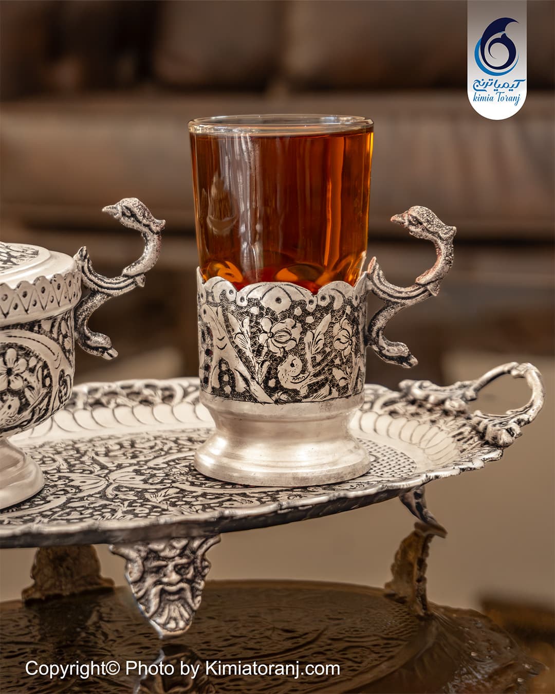 سرویس چایخوری ینفره شبه نقره قلم گل و مرغ - 2