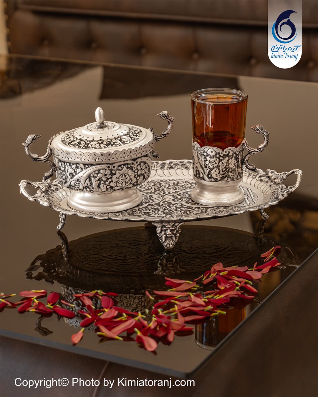 سرویس چایخوری ینفره شبه نقره قلم گل و مرغ
