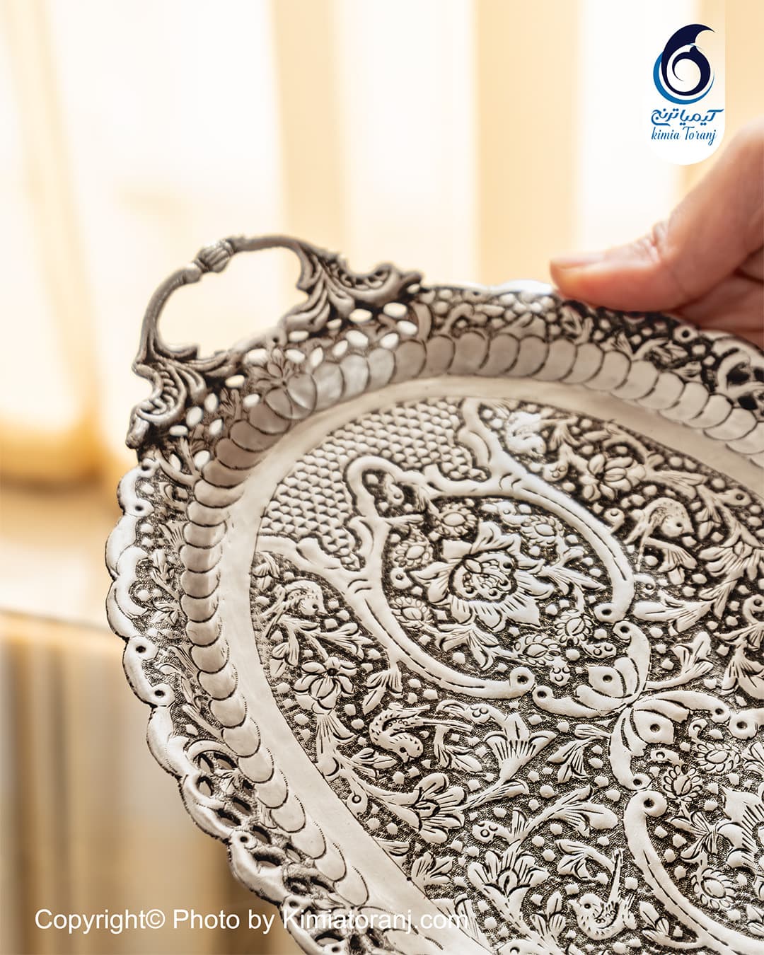سینی بیضی کوچک شبه نقره قلم گل و مرغ - 3