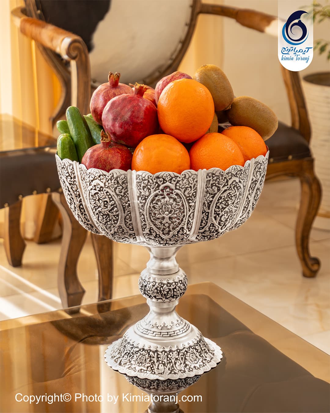 میوه خوری تک پایه بزرگ شبه نقره قلم گل و مرغ