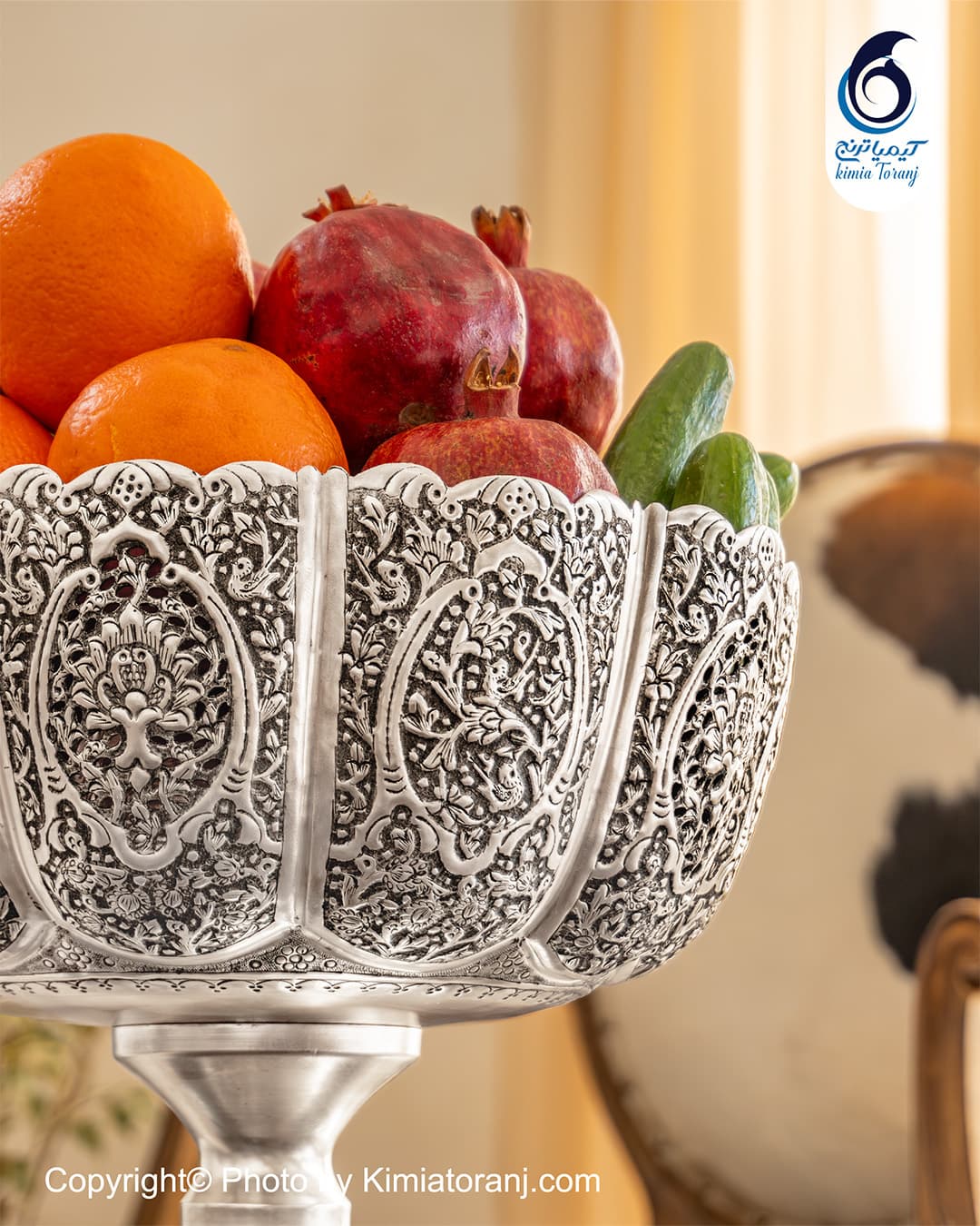 میوه خوری تک پایه بزرگ شبه نقره قلم گل و مرغ - 2