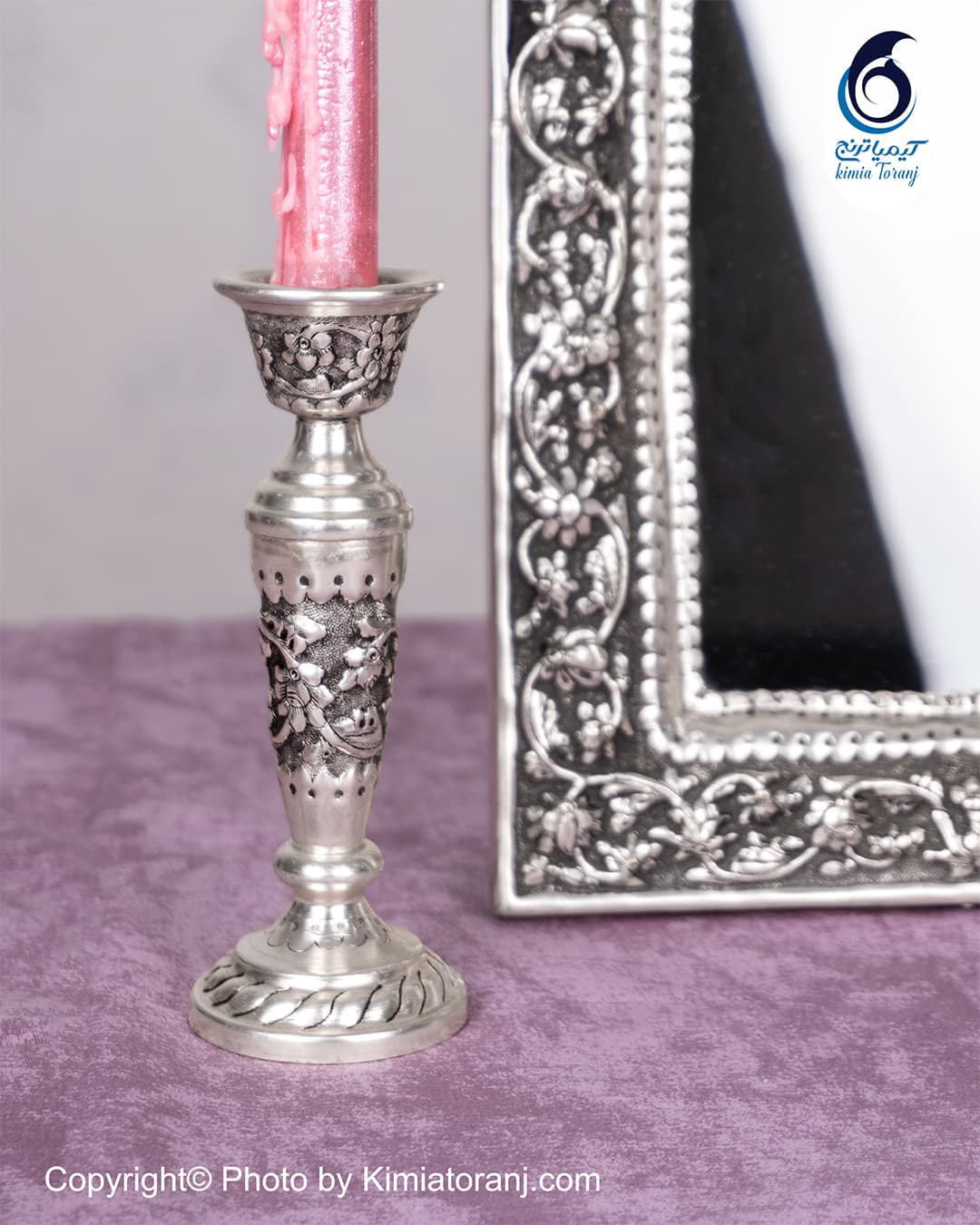 آینه شمعدان چهارگوش تاجدار 33 شبه نقره گل برجسته - 2