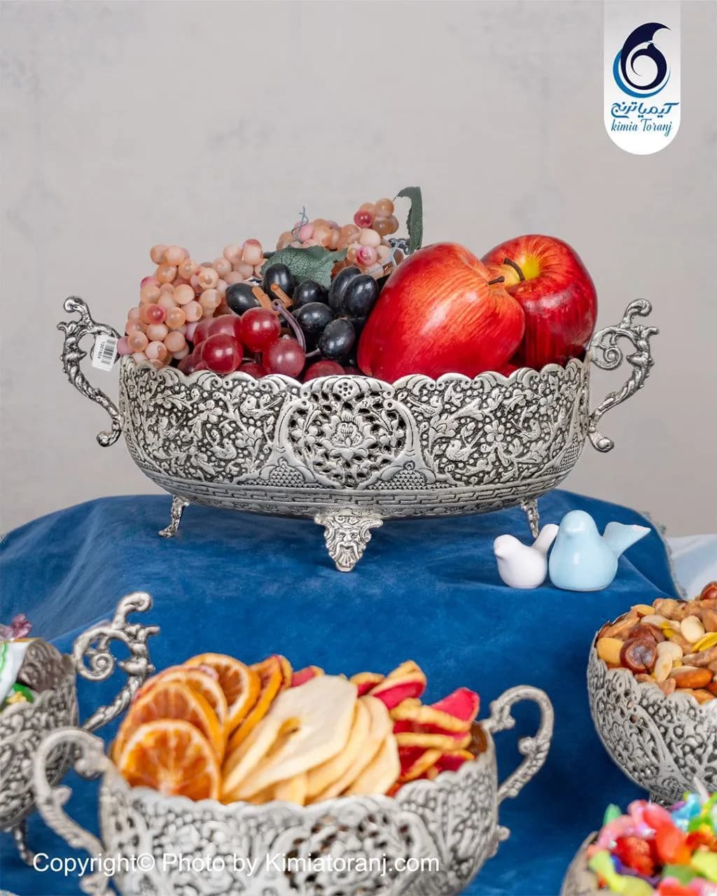 میوه خوری بیضی شبه نقره قلم گل و مرغ