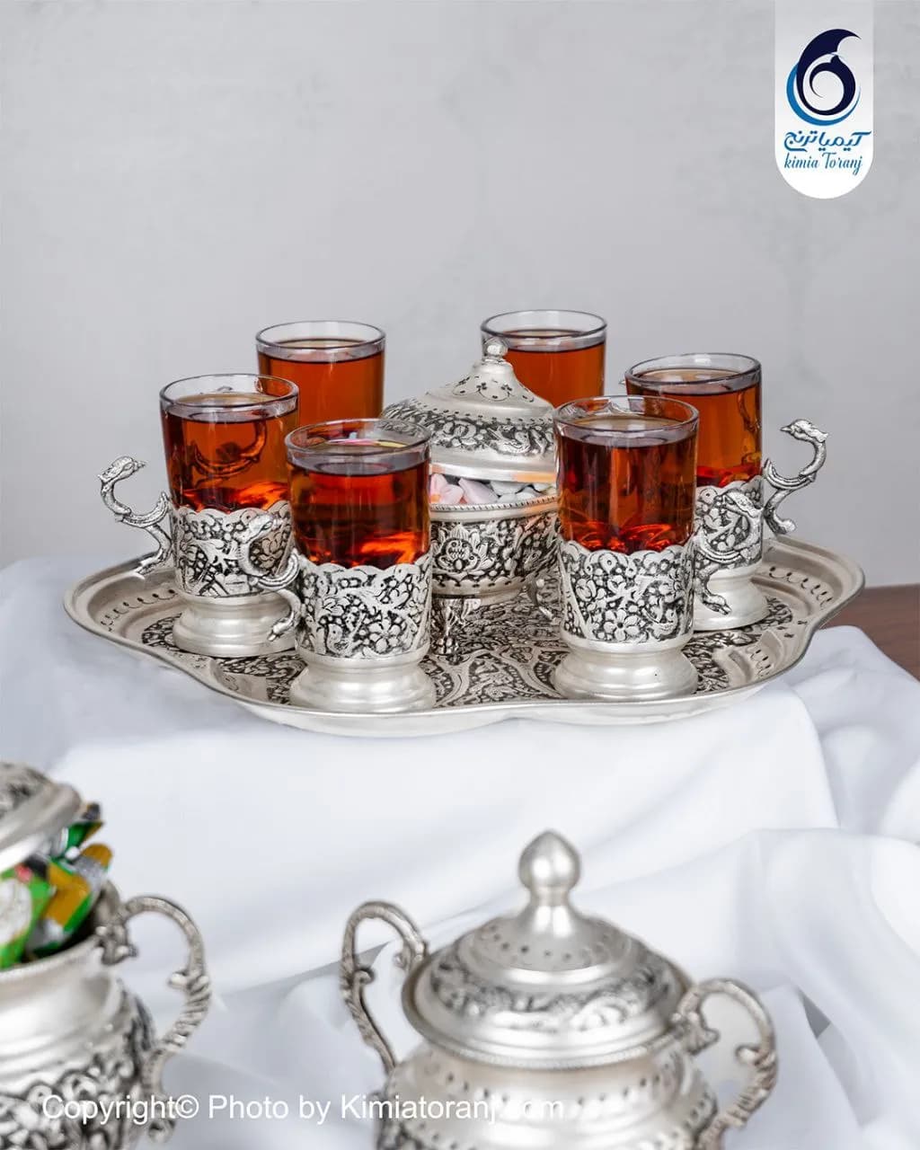 ست چایخوری 6 نفره شبه نقره قلم گل و مرغ