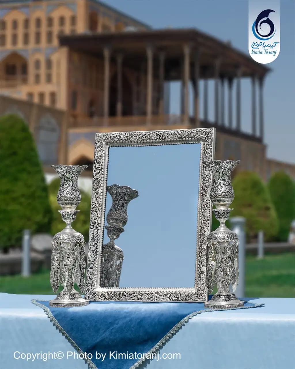 آینه شمعدان عروس چهارگوش 63 شبه نقره قلم گل و مرغ