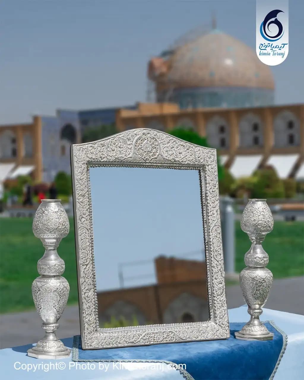 آینه  شمعدان عروس چهارگوش تاجدار 63 شبه نقره  قلم گل و مرغ