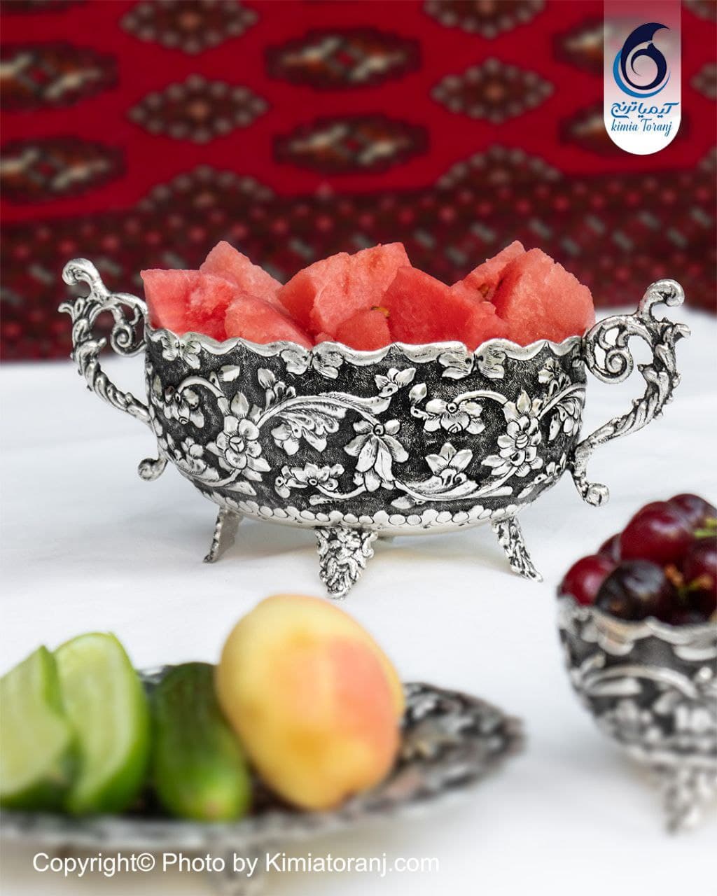 آجیل خوری شبه نقره دسته دار بیضی قلم گل برجسته