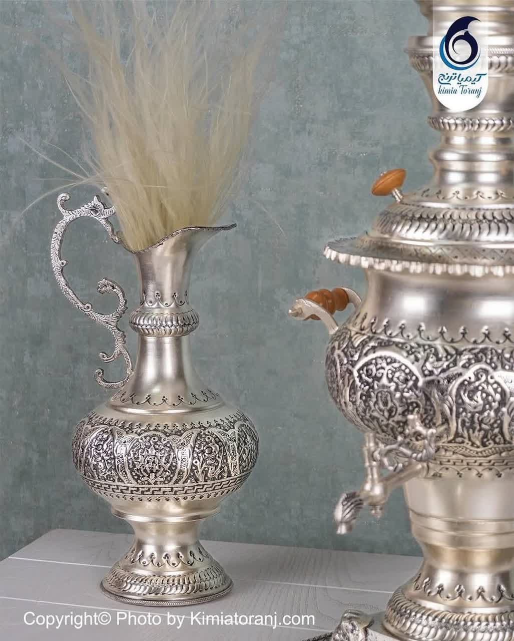 سرویس سماور 6 لیتری شبه نقره قلم گل و مرغ - 2