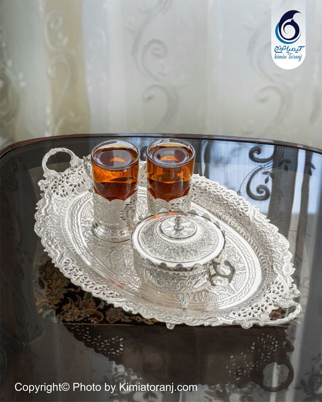 ست چایخوری 2 نفره شبه نقره سفید قلم گل و مرغ