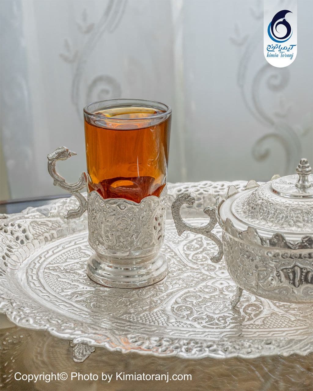 ست چایخوری 2 نفره شبه نقره سفید قلم گل و مرغ - 3