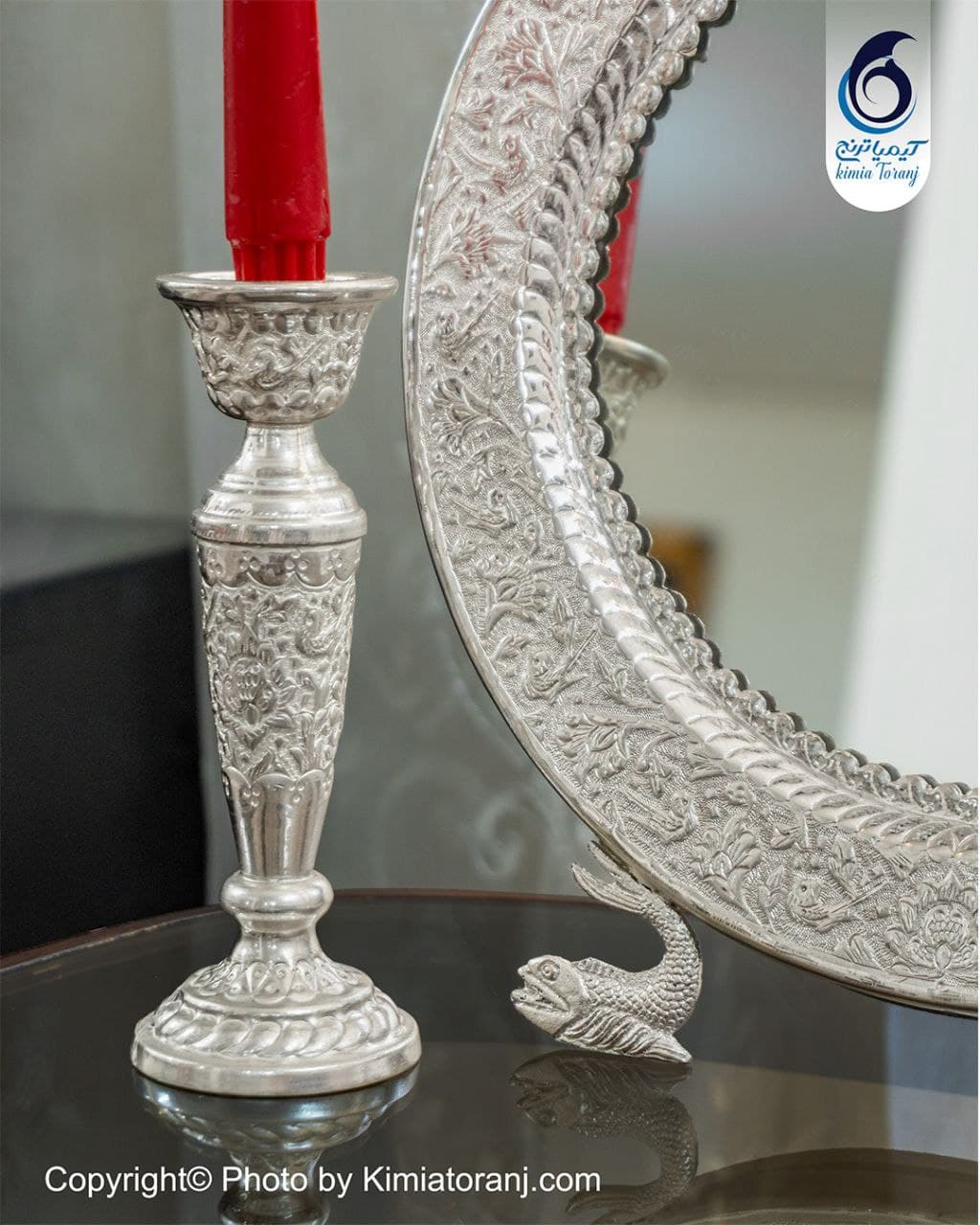 آینه شمعدان گرد 28 شبه نقره قلم گل و مرغ - 2