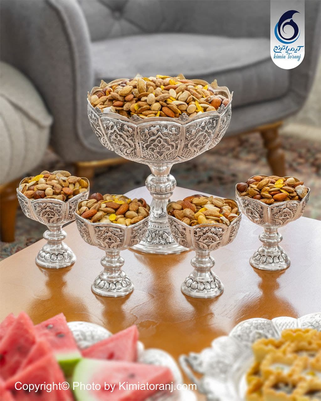 ست آجیل خوری شبه نقره تک‌پایه قلم اسلیمی