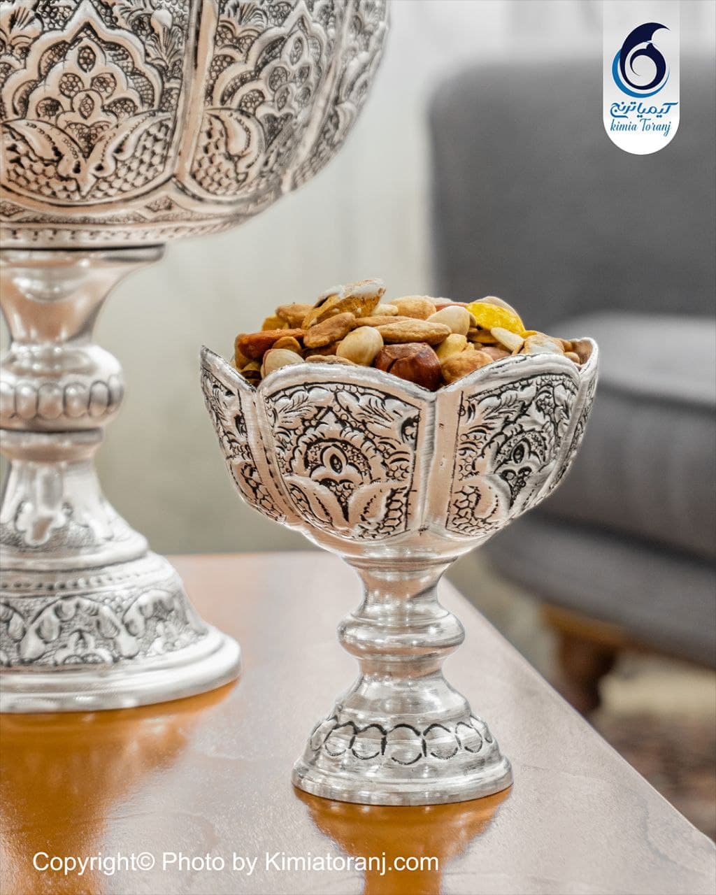 کاسه آجیل خوری شبه نقره تک پایه کوچک قلم اسلیمی