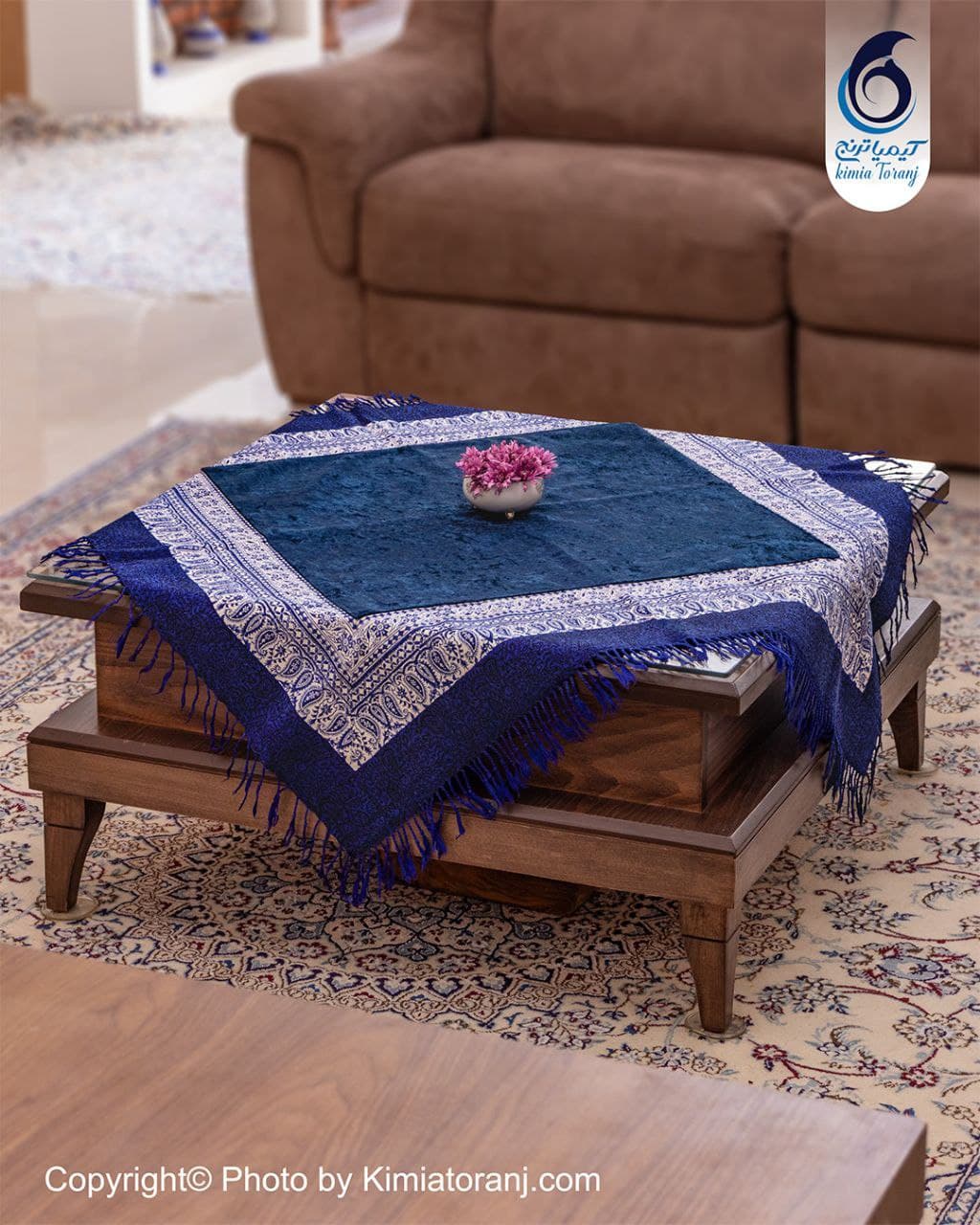 پارچه مخمل قلم کار آبی نفتی حاشیه سنتی