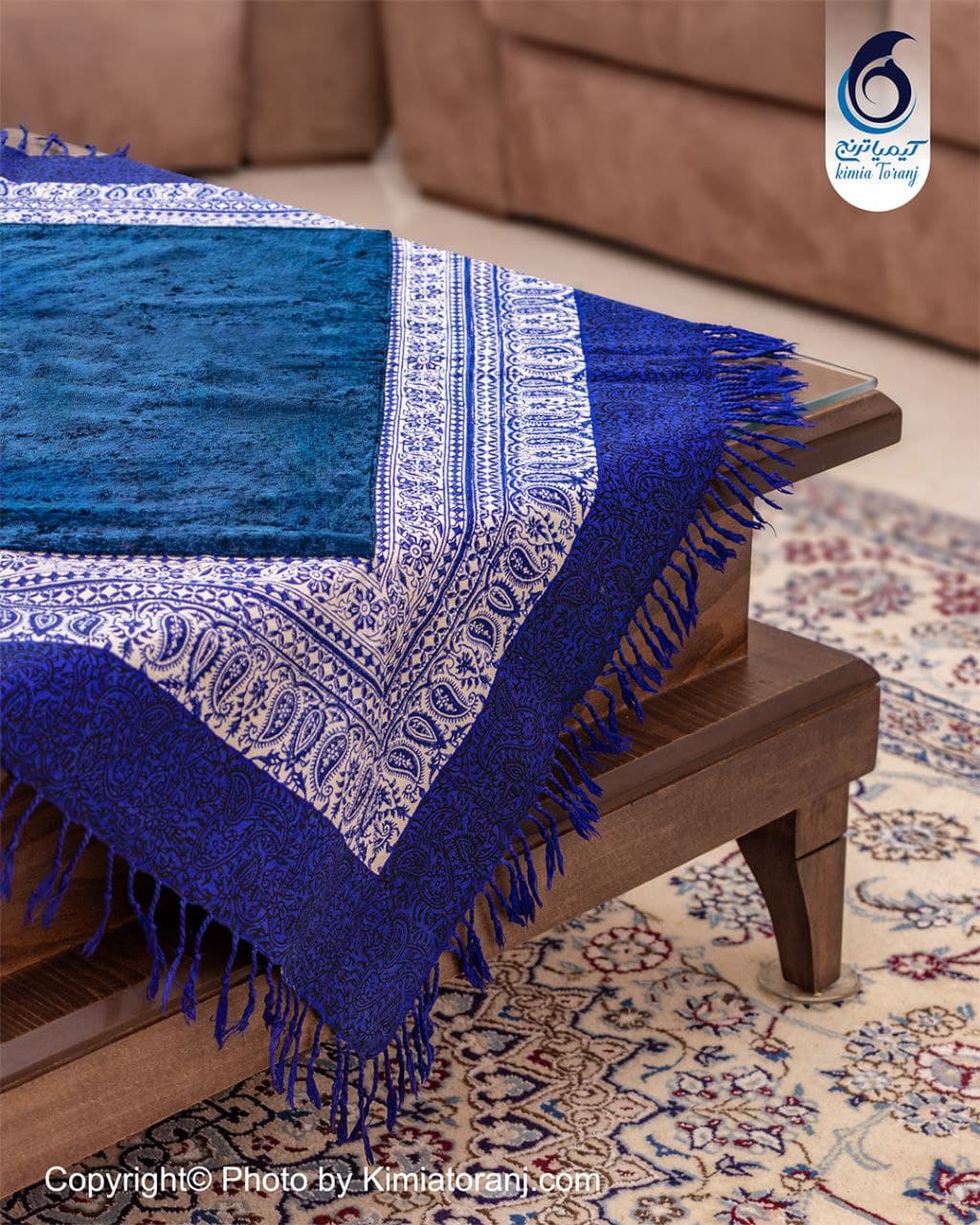 پارچه مخمل قلم کار آبی نفتی حاشیه سنتی - 2