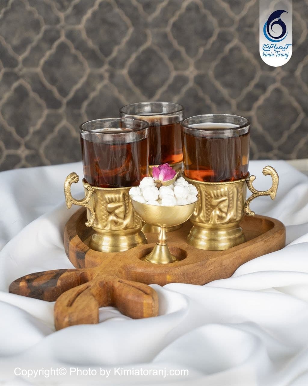 ست چایخوری برگی 3 نفره چوبی و  برنجی قلمزنی - 4