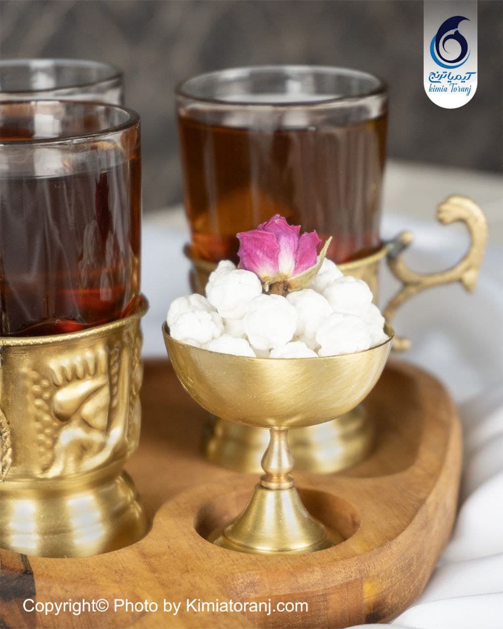ست چایخوری برگی 3 نفره چوبی و  برنجی قلمزنی - 2