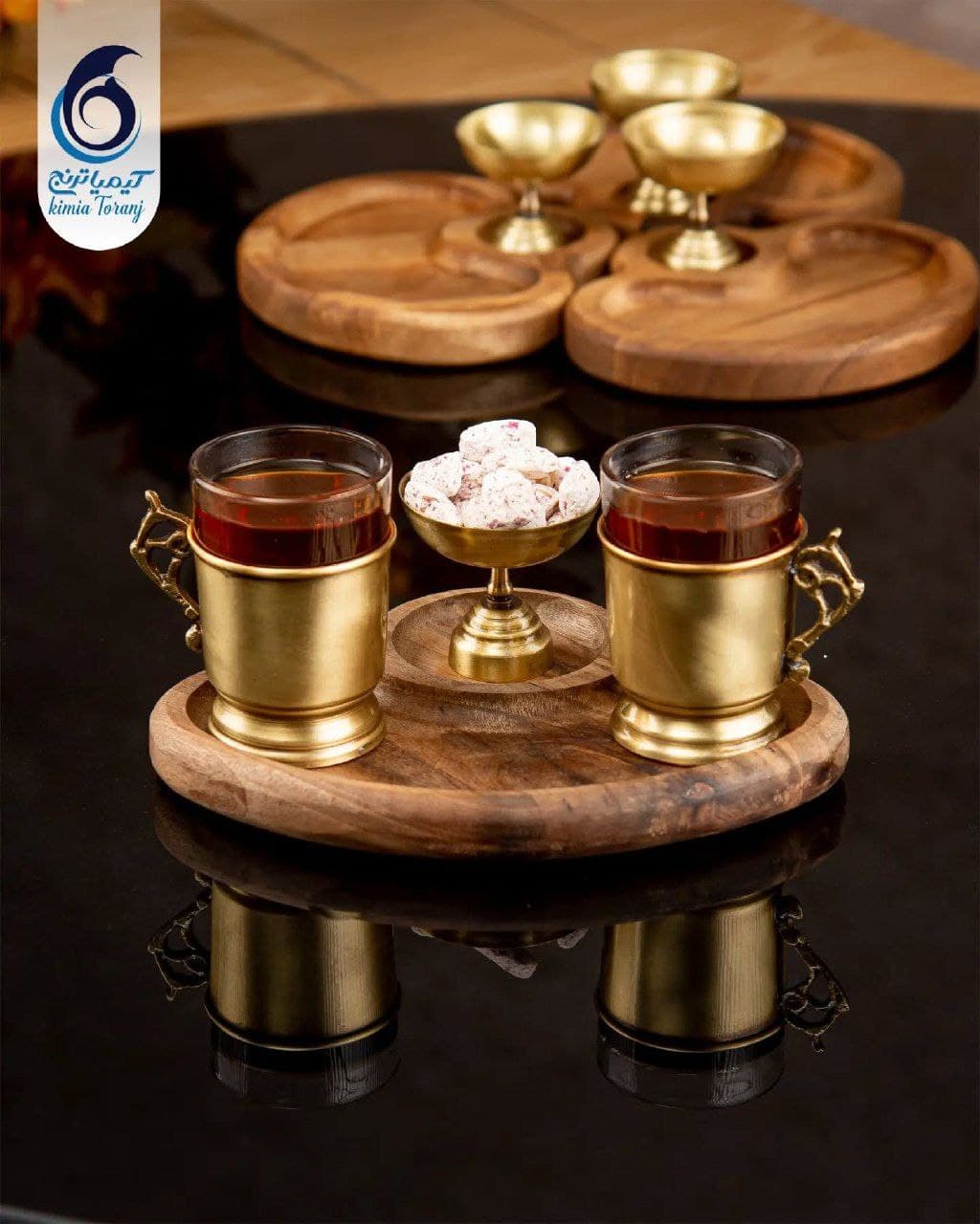 ست چایخوری 2 نفره نیم دایره چوبی و  برنجی ساده