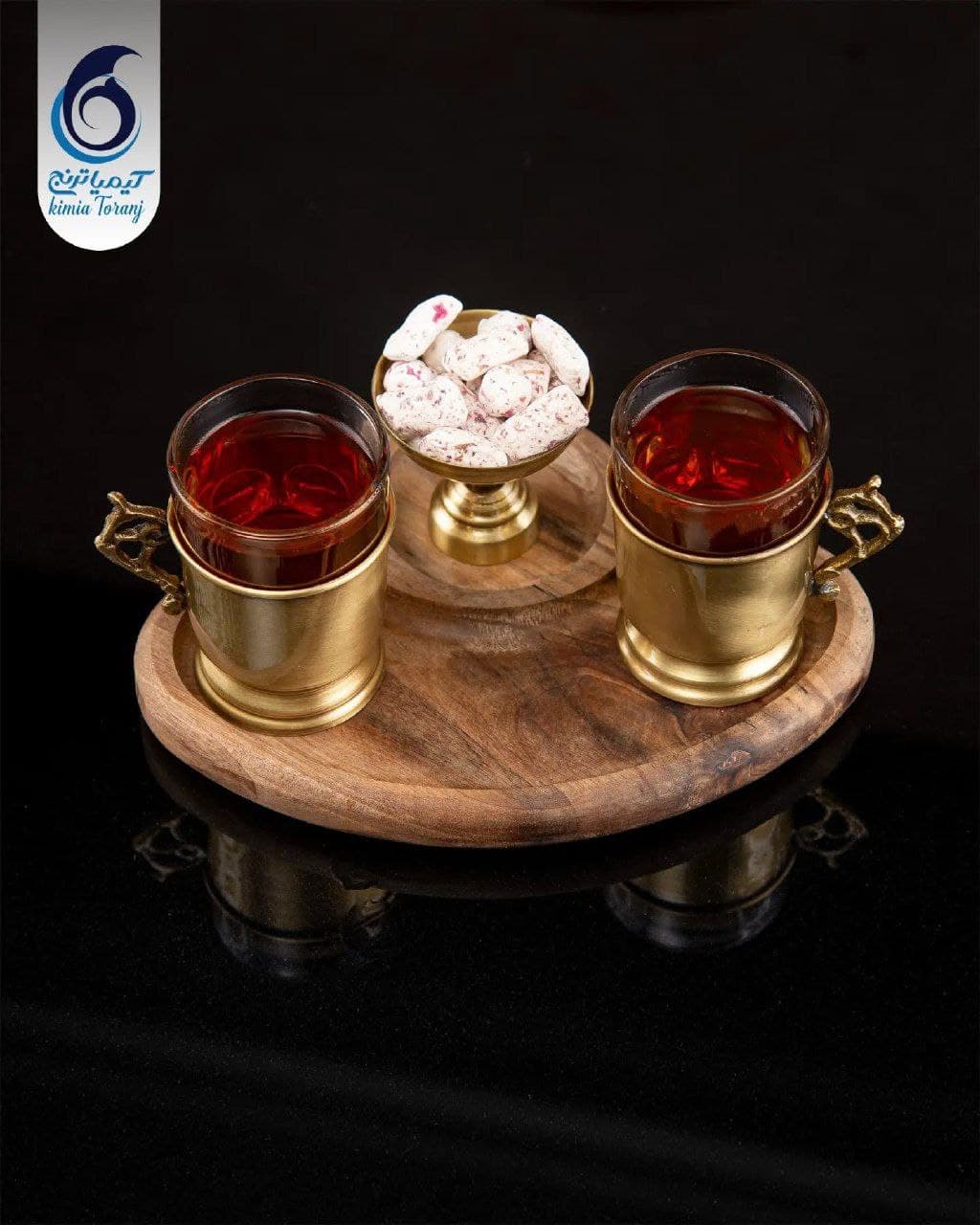 ست چایخوری 2 نفره نیم دایره چوبی و  برنجی ساده - 2