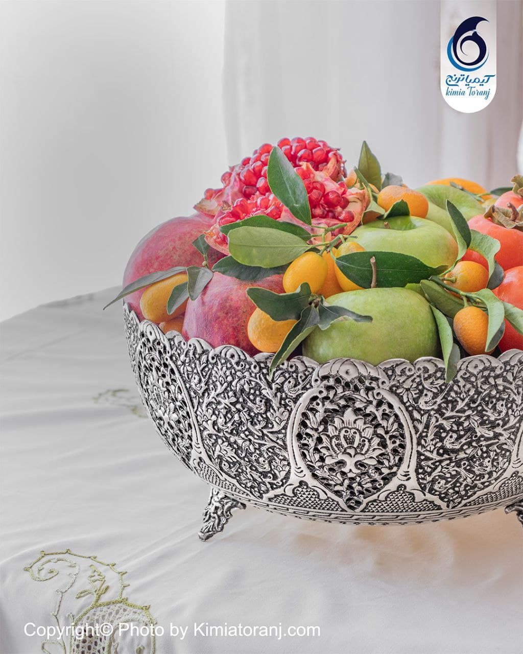 میوه خوری شبه نقره سه پایه قلم گل و مرغ - 3