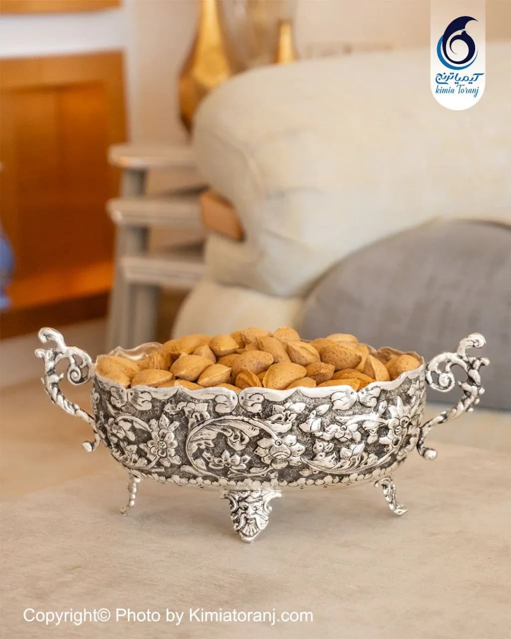 آجیل خوری بیضی شبه نقره قلم گل برجسته