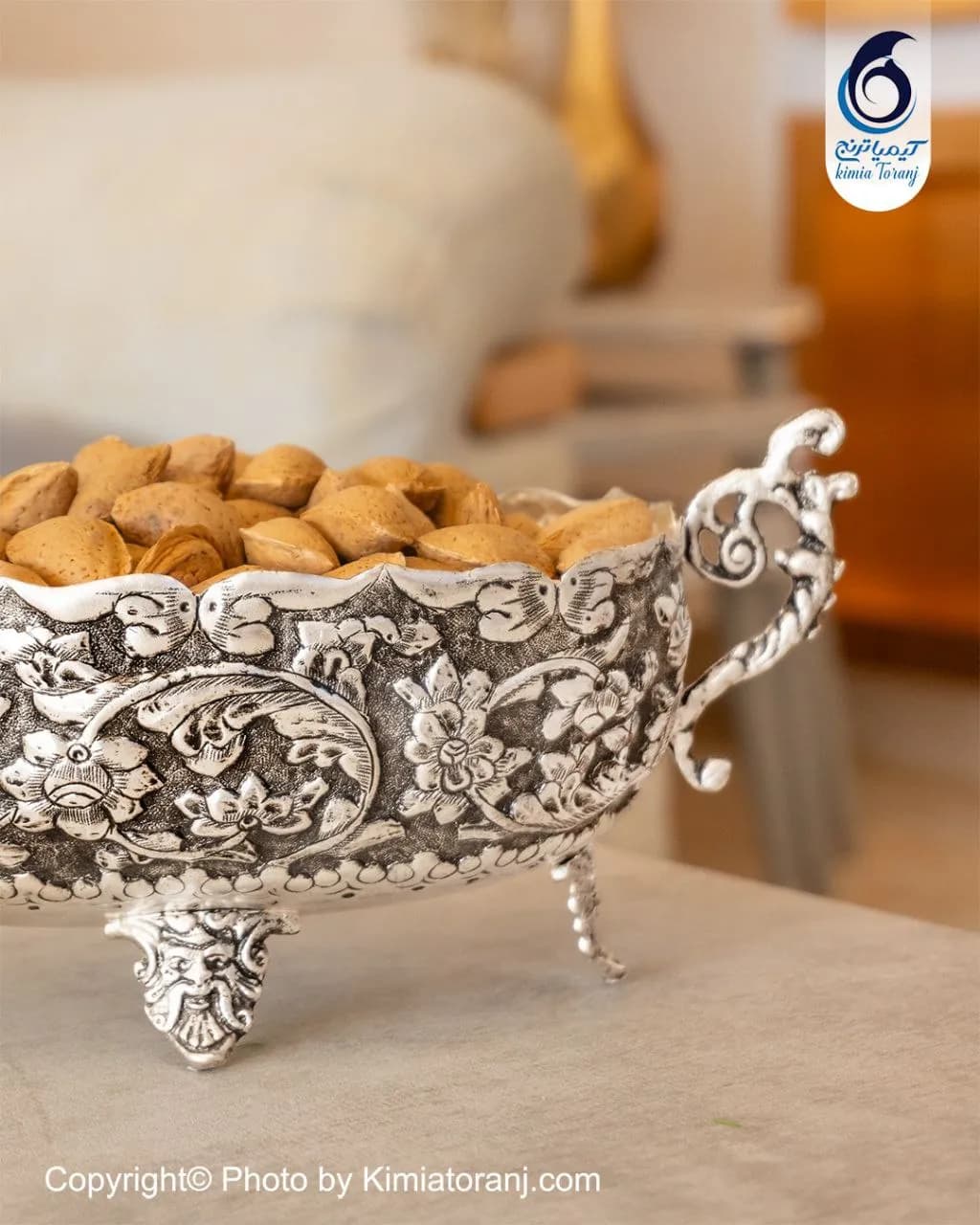 آجیل خوری بیضی شبه نقره قلم گل برجسته - 2