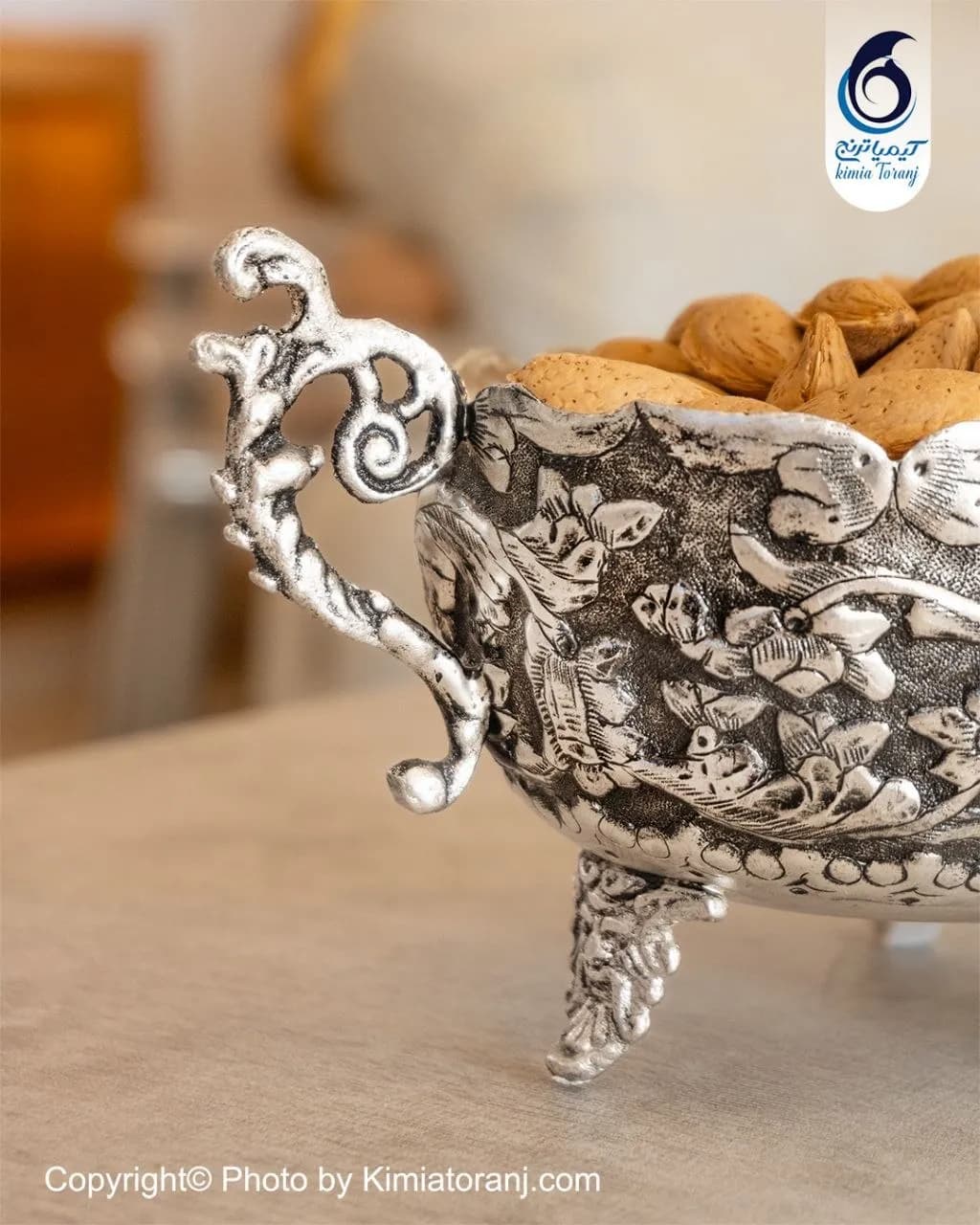 آجیل خوری بیضی شبه نقره قلم گل برجسته - 3