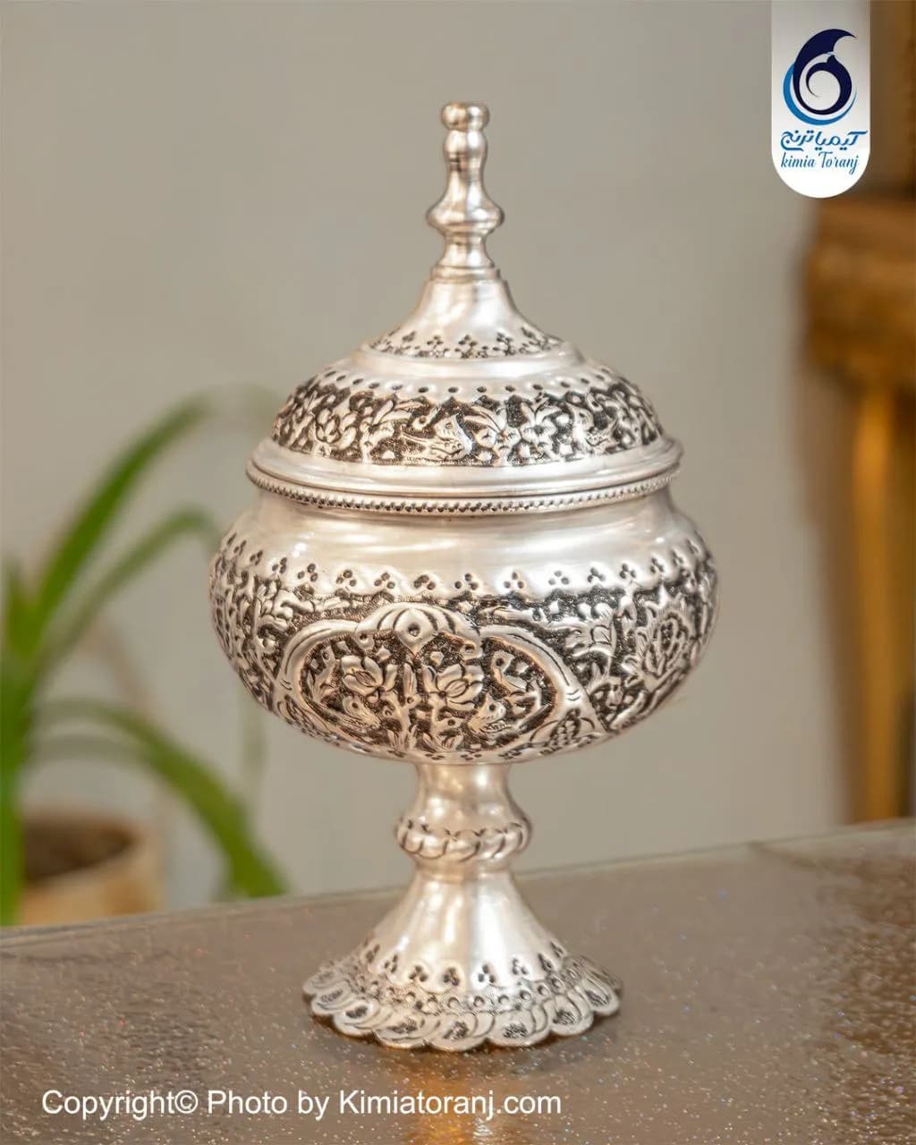 شکلات خوری کوچک تک پایه شبه نقره قلم گل و مرغ