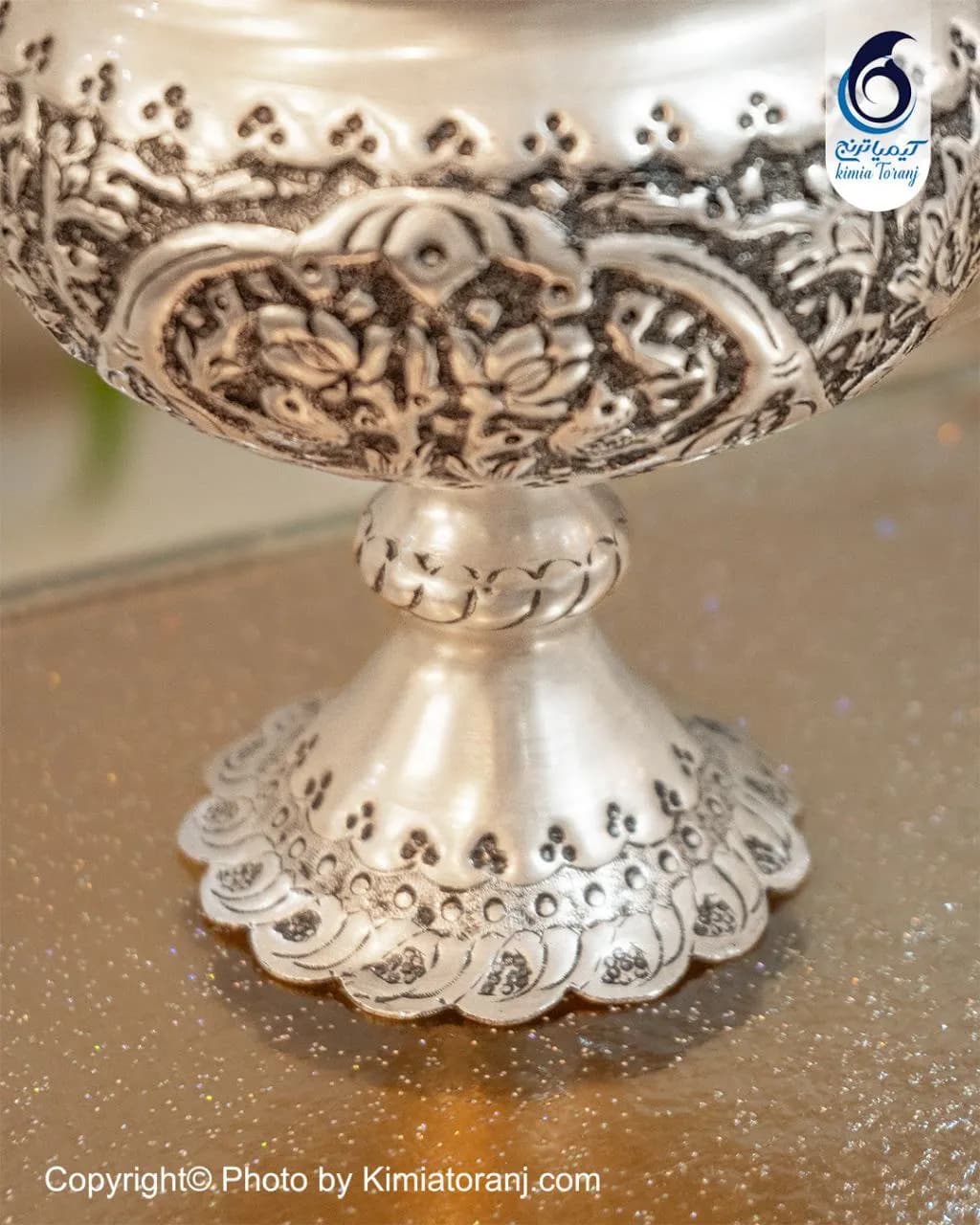 شکلات خوری کوچک تک پایه شبه نقره قلم گل و مرغ - 3
